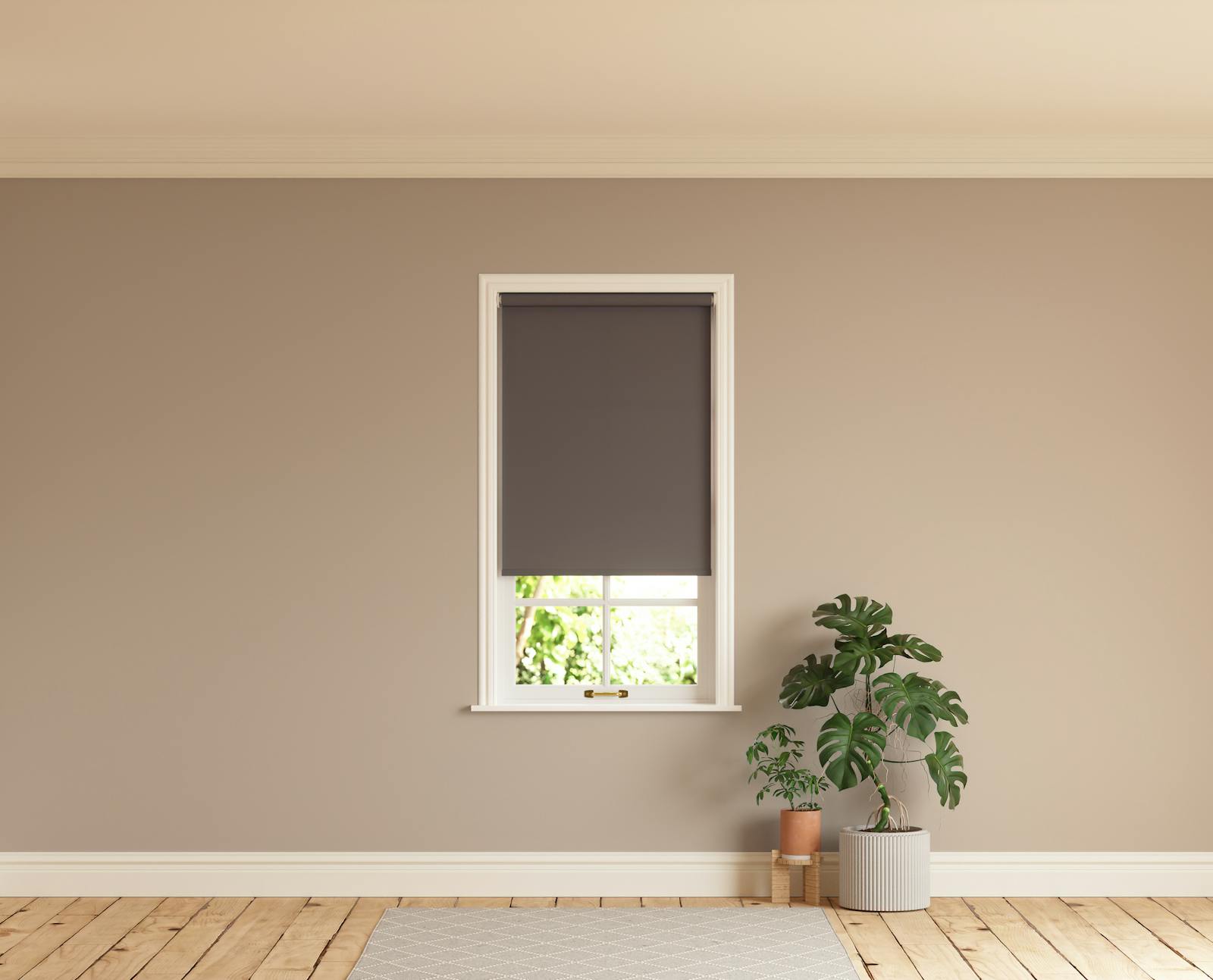 Room with walls painted in Lick Beige 02 and Brown 01 roller blinds