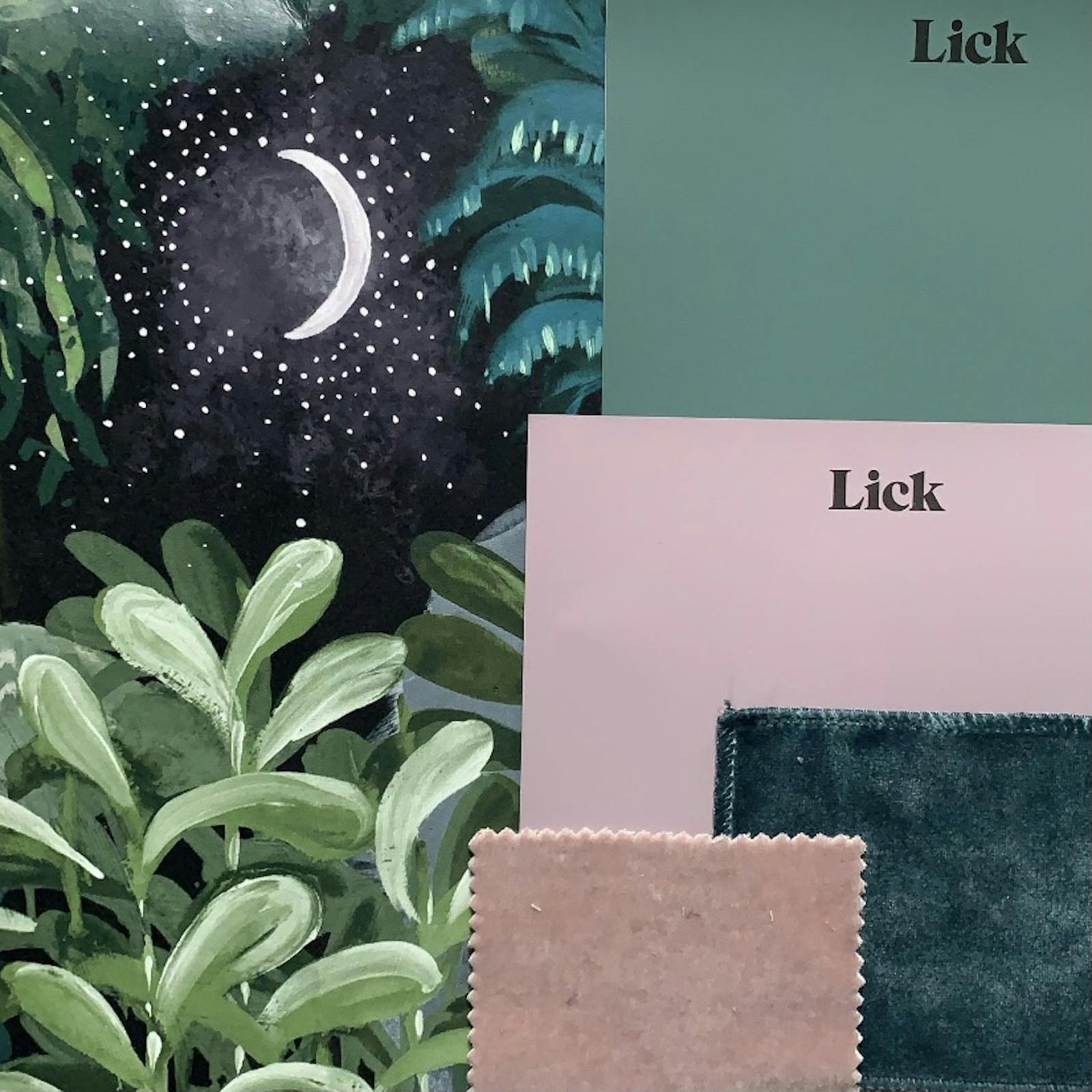 A mood board of fabrics and Lick Teal 01 and Purple 01 paint samples