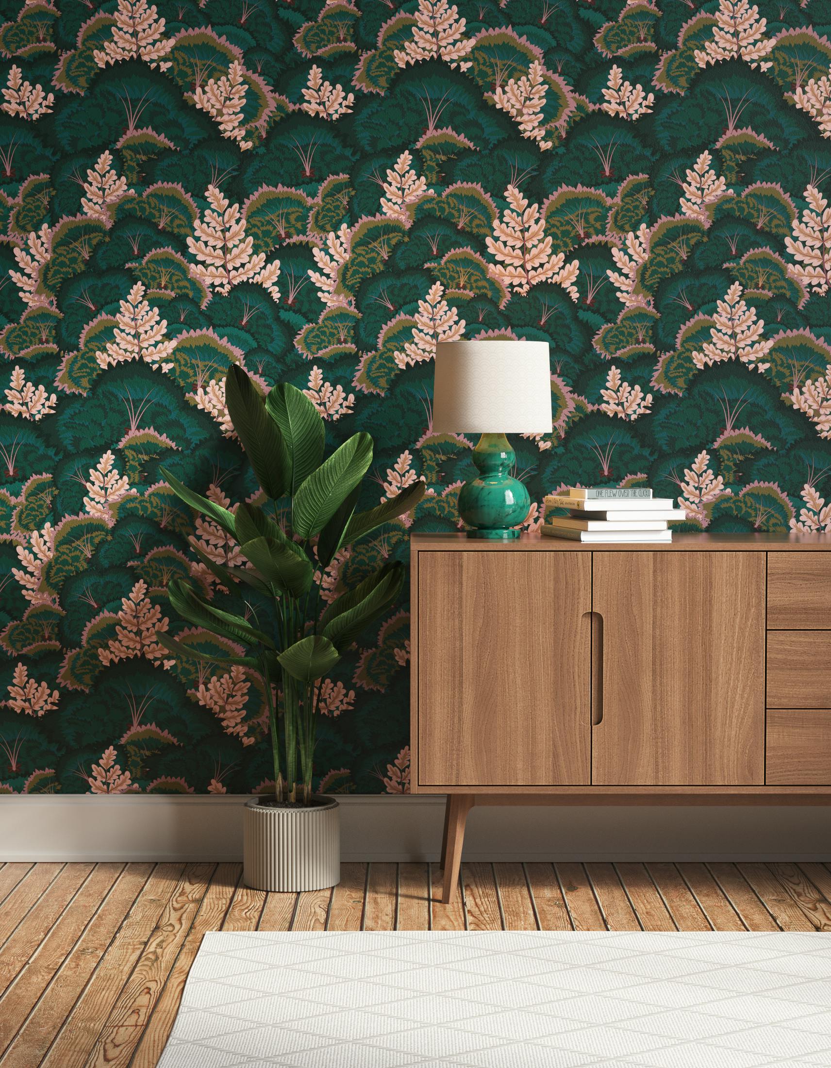 Hallway decorated with Lick Electric Poppies 02, a green floral wallpaper