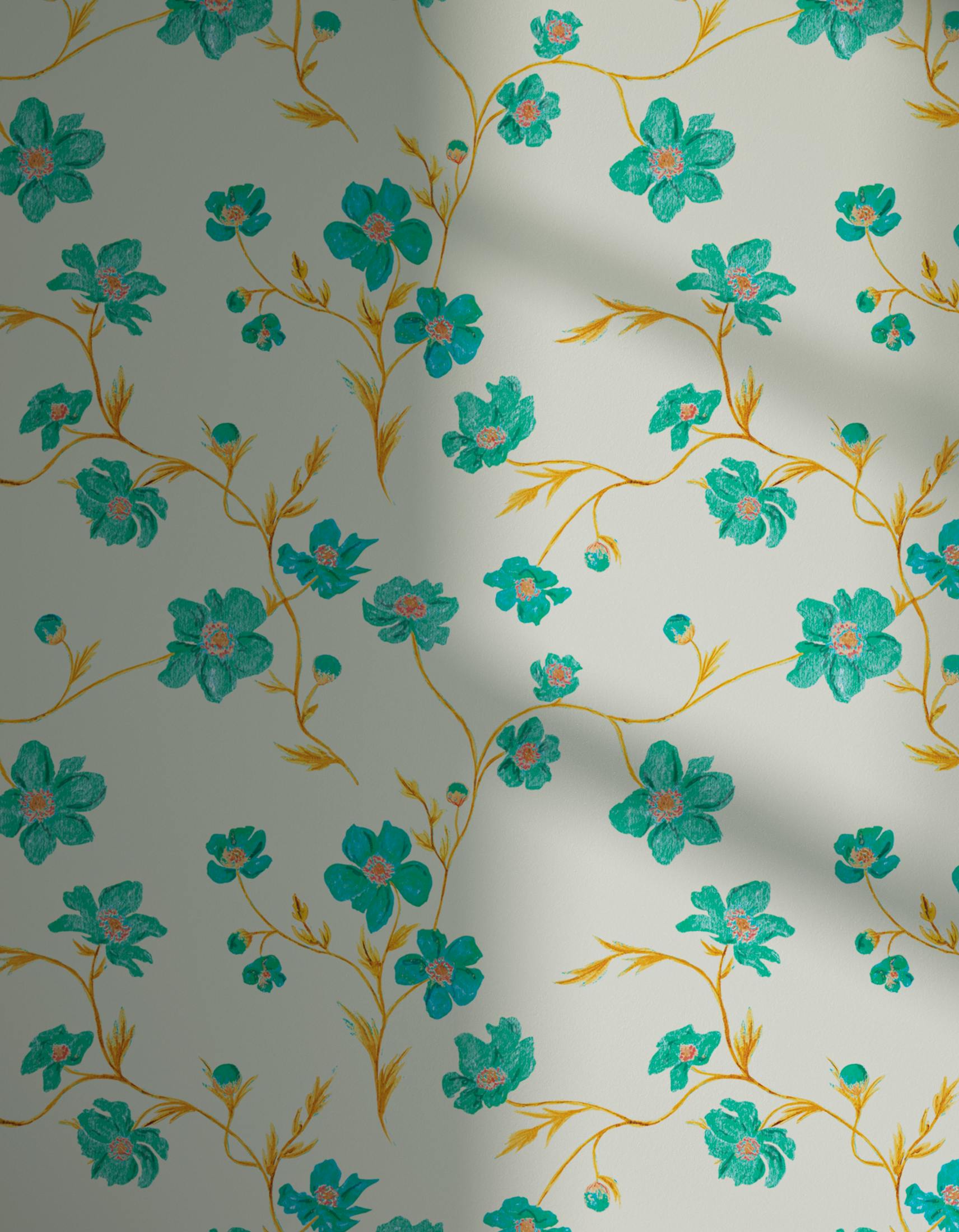 Lick x Jenna Hewitt Anemone 01 turquoise floral wallpaper with shadow