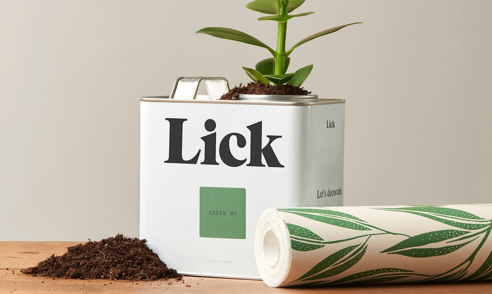 Botanical 03 wallpaper and Lick Green 07 tin with soil and plants