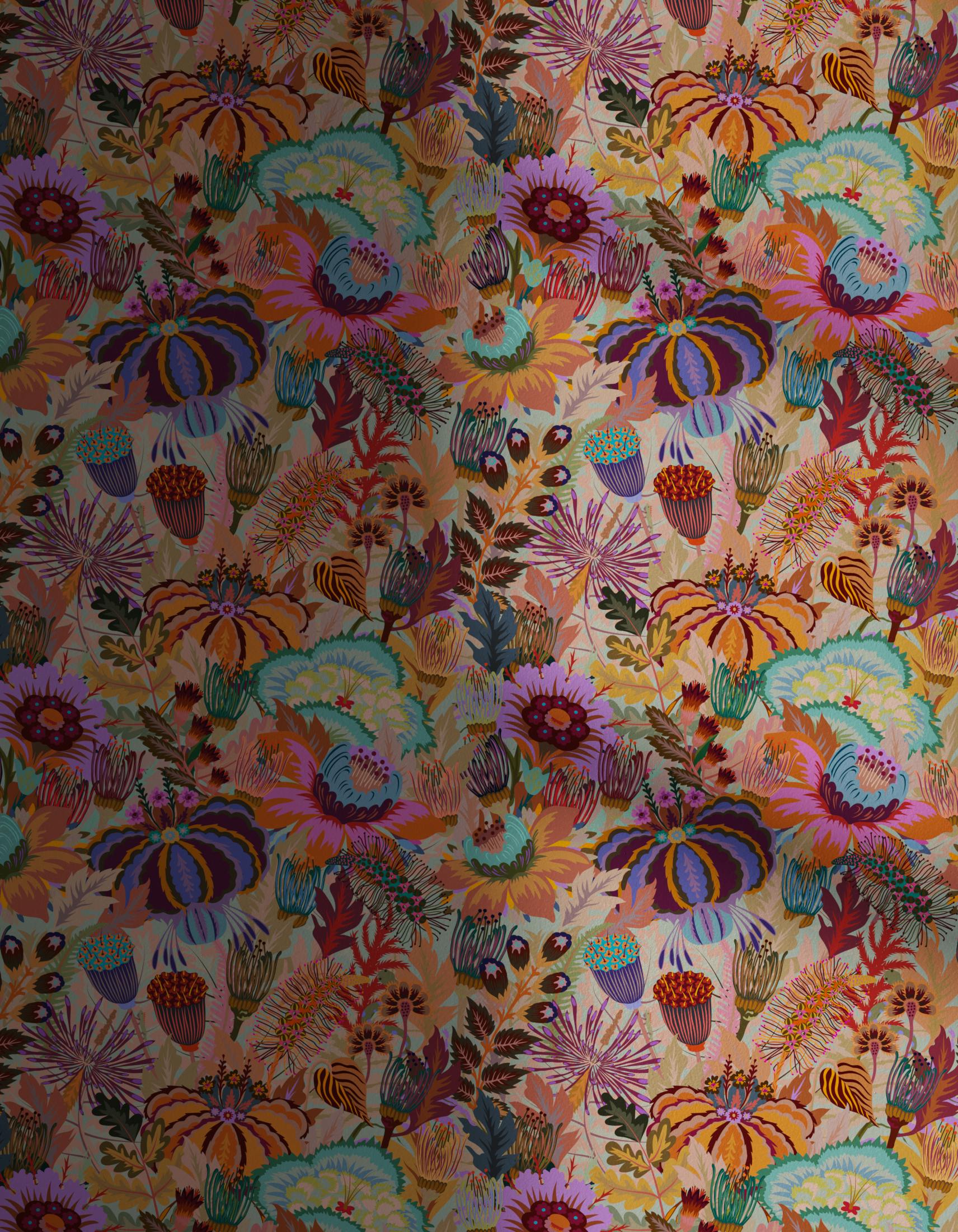 Lick x Natasha Coverdale Mars Meadow floral wallpaper in orange with shadow
