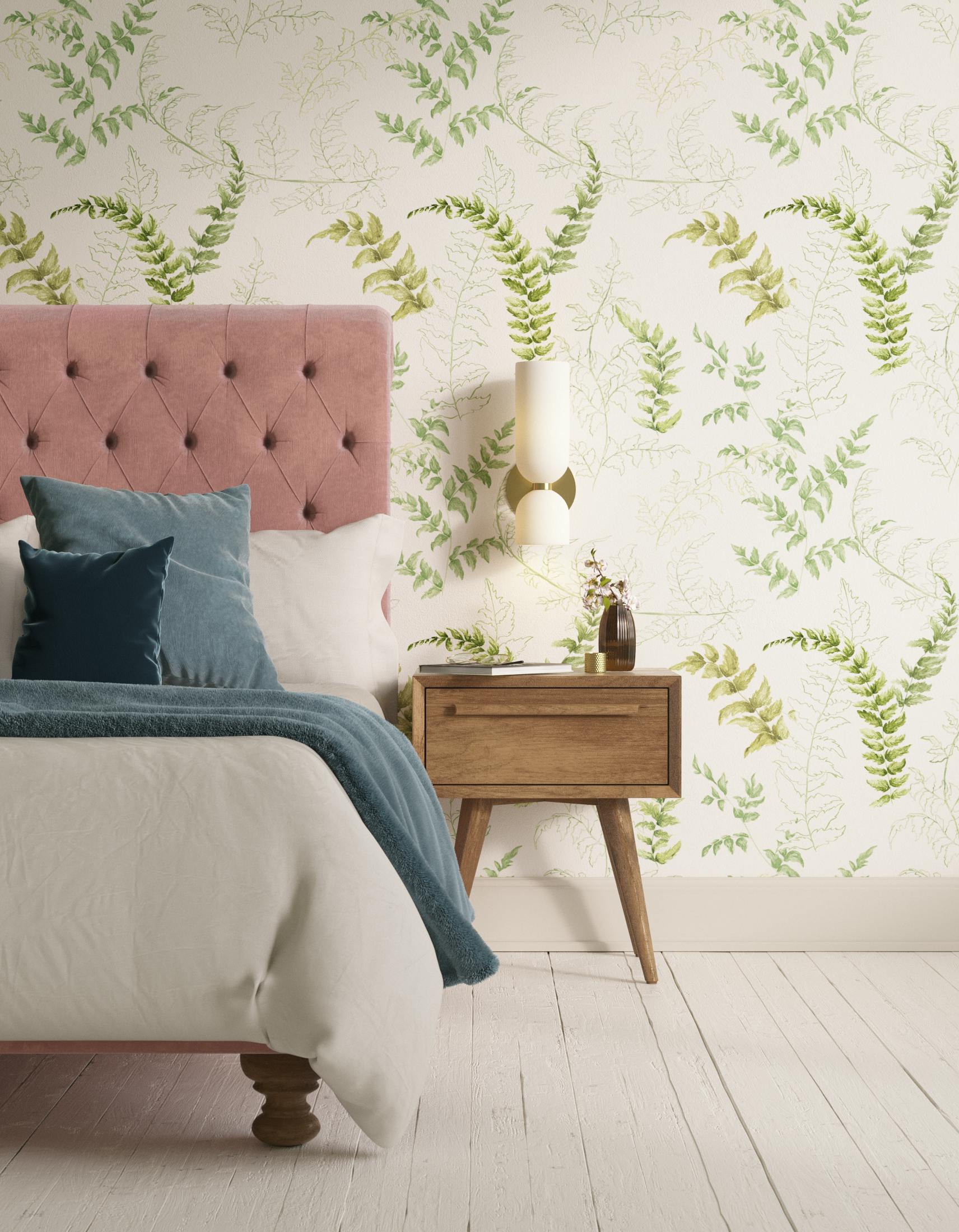 Bedroom decorated with Lick x Jenna Hewitt Fern 01 green botanical wallpaper