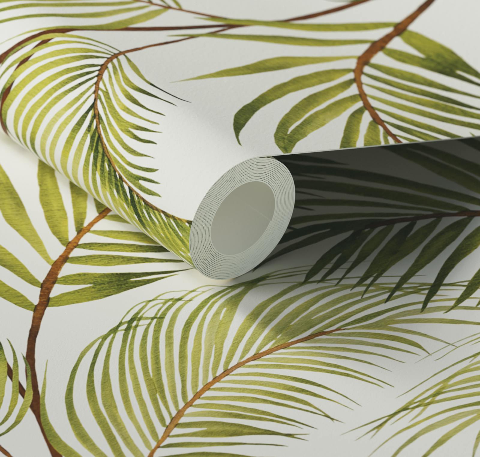 Close up of Lick x Belinda Bayley Jungle 03 white and green palm leaf wallpaper
