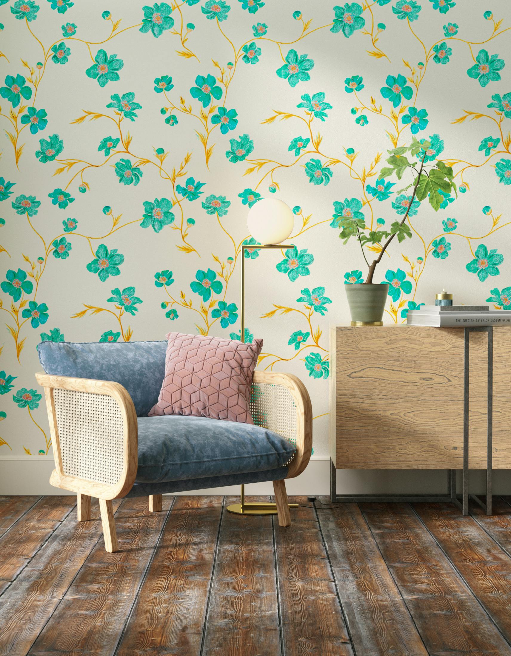 Living room decorated with Lick x Jenna Hewitt Anemone 01 turquoise floral wallpaper