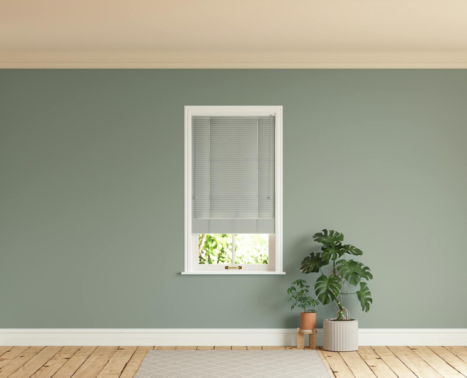 Room with walls painted in Lick Green 02 and Grey 04 Venetian blinds