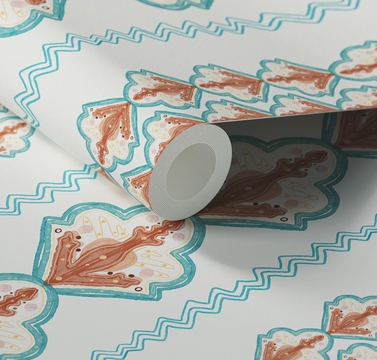 Close up of Lick x Lottie McDowell Travelling Tiles 02 orange patterned mosaic wallpaper