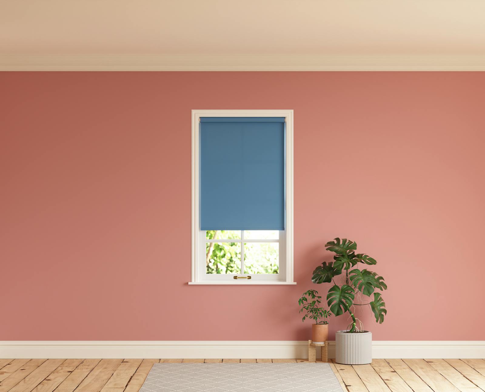 Room with walls painted in Lick Red 03 and Blue 05 roller blinds