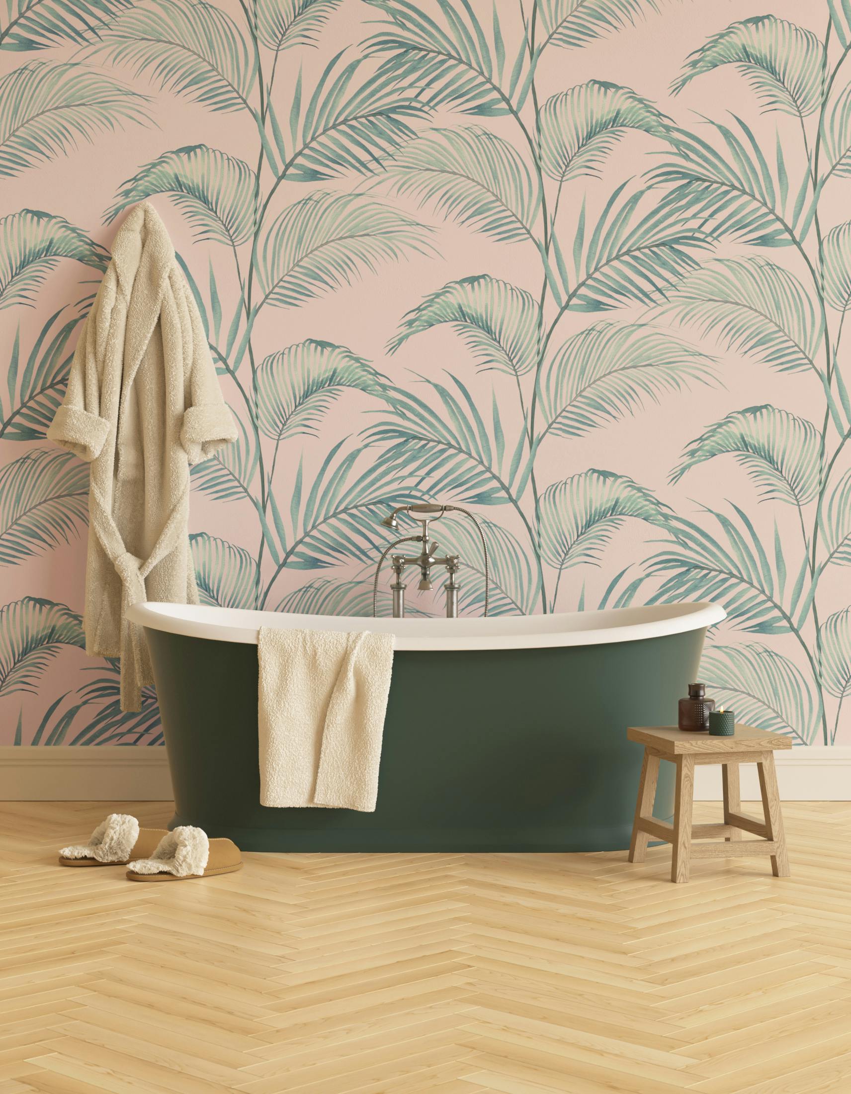 Bathroom decorated with Lick x Belinda Bayley Jungle 02 pink and green palm leaf wallpaper