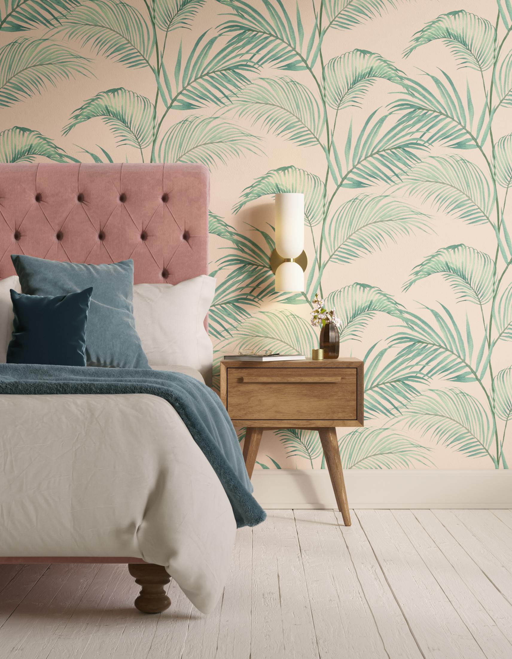 Bedroom decorated with Lick x Belinda Bayley Jungle 02 pink and green palm leaf wallpaper