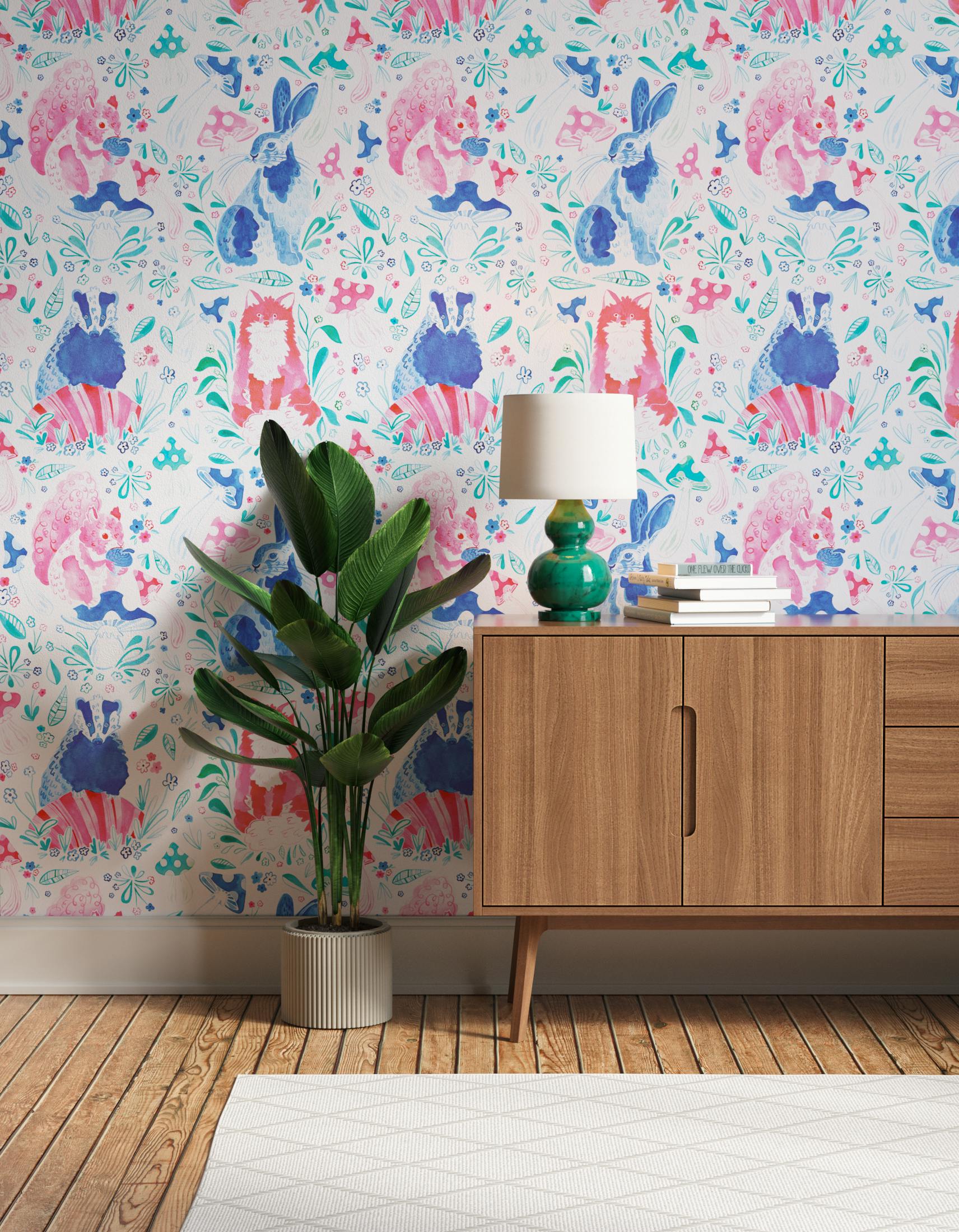 Hallway decorated with Lick x Franki Barber Woodland Animals 01 pink and blue children's wallpaper