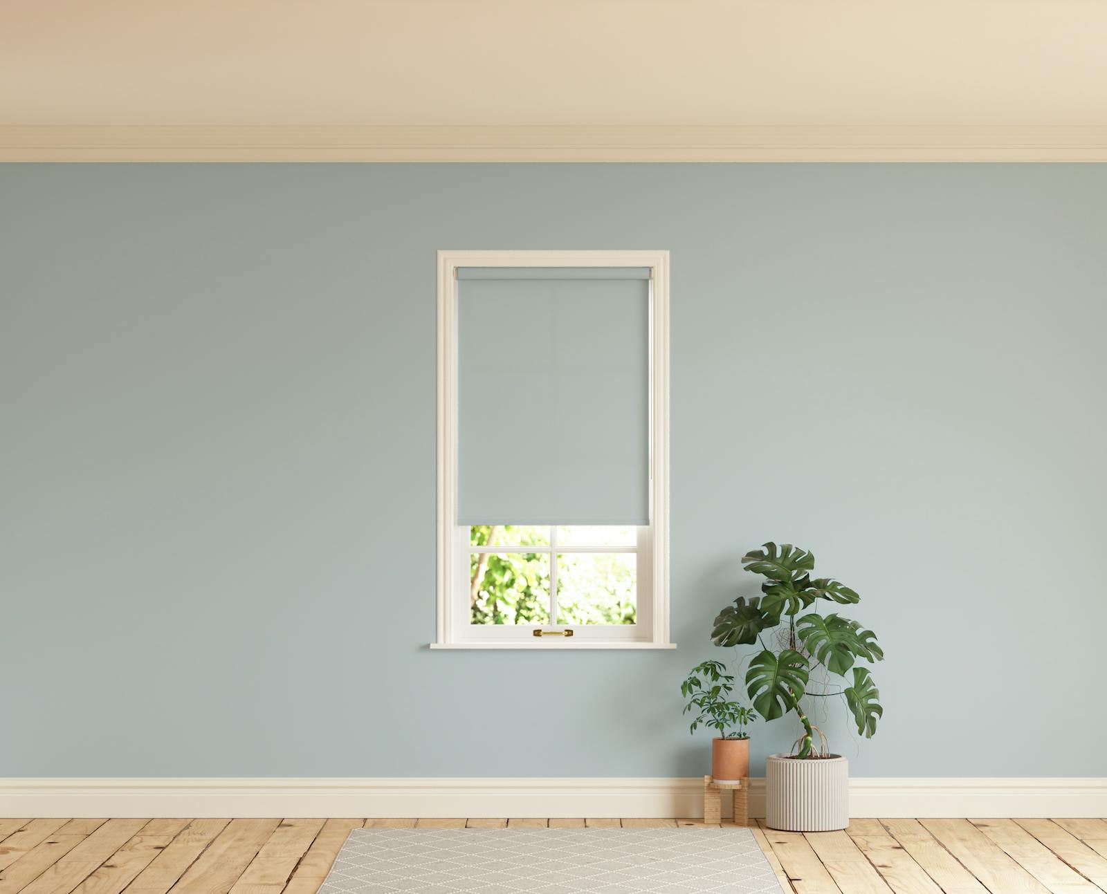 Room with walls painted in Lick Blue 01 and Blue 01 roller blinds