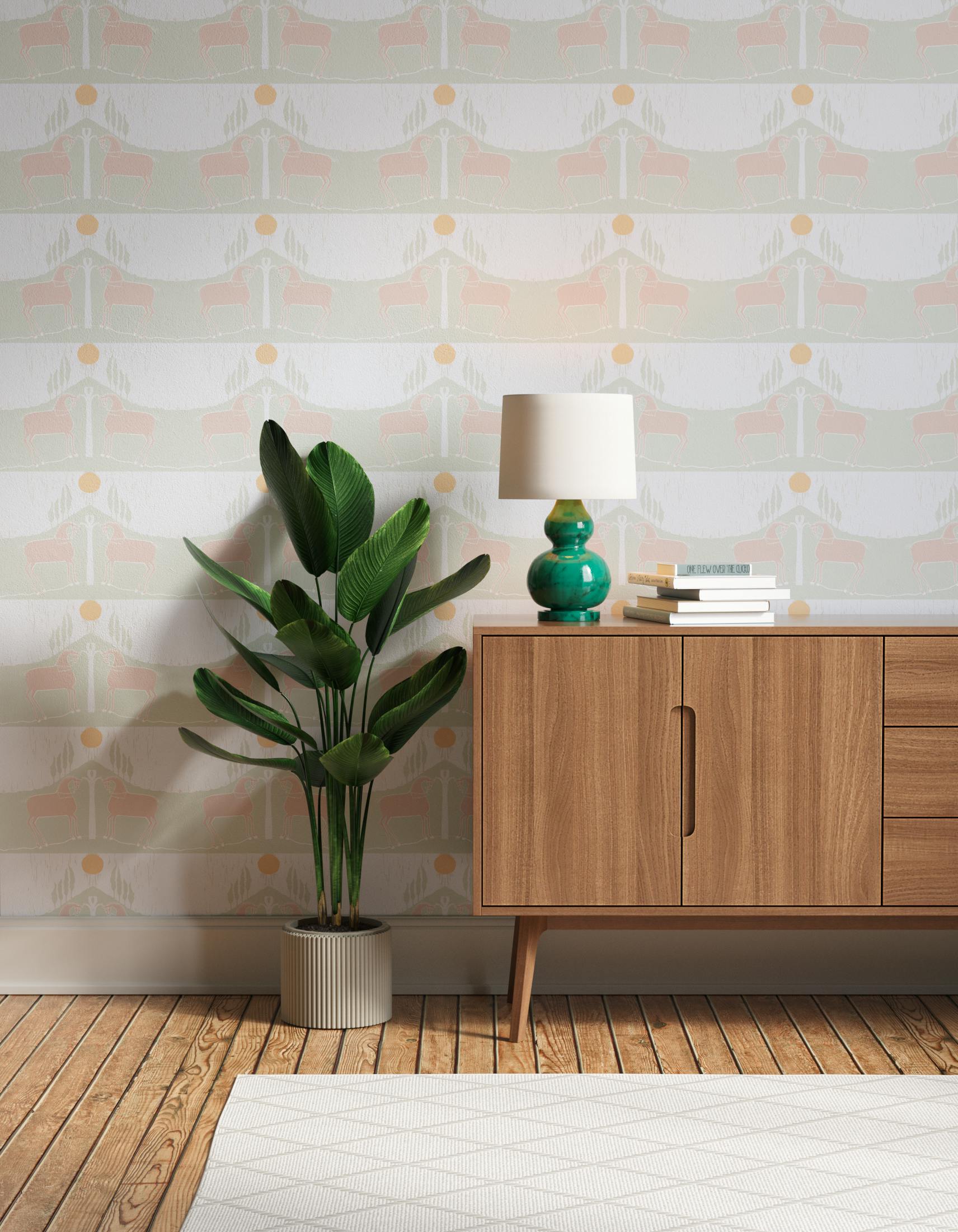 Hallway decorated with Lick x Annika Reed Western 02 white and mint green animal wallpaper