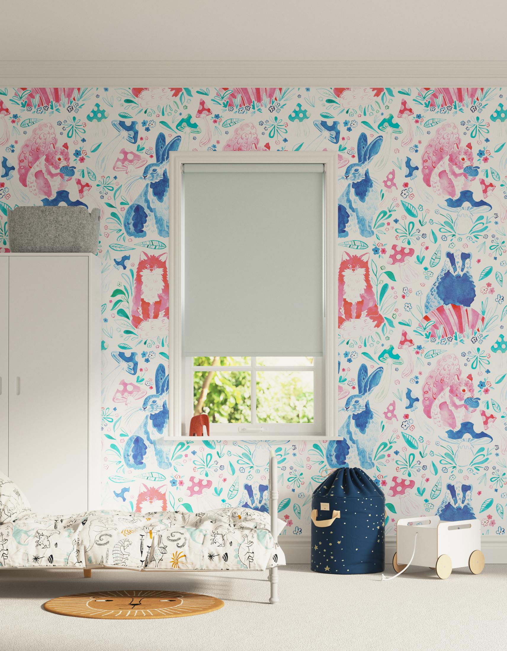 Children's bedroom decorated with Lick x Franki Barber Woodland Animals 01 pink and blue children's wallpaper