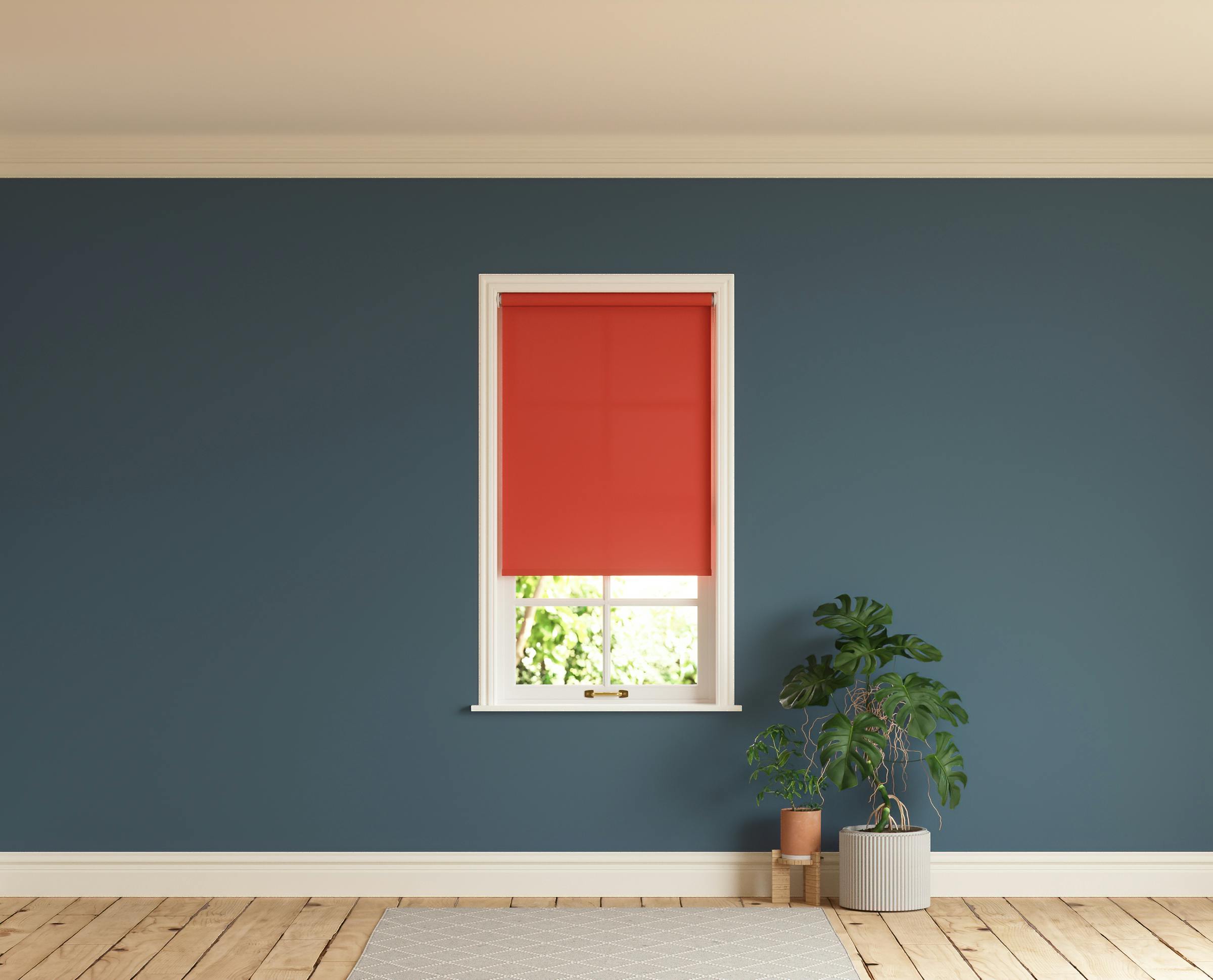 Room with walls painted in Lick Blue 07 and Red 02 roller blinds
