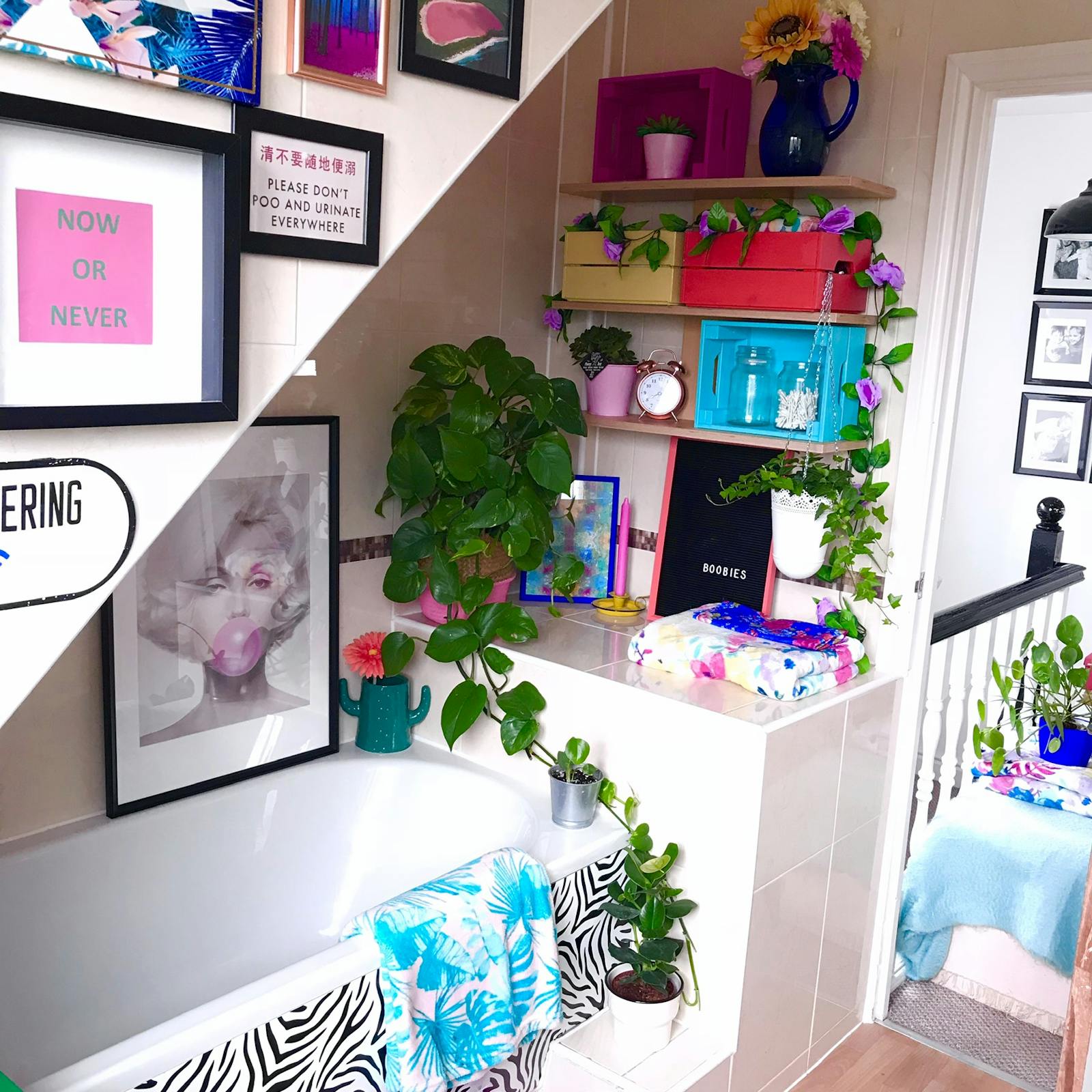 Bathroom with a mix of artwork and greenery