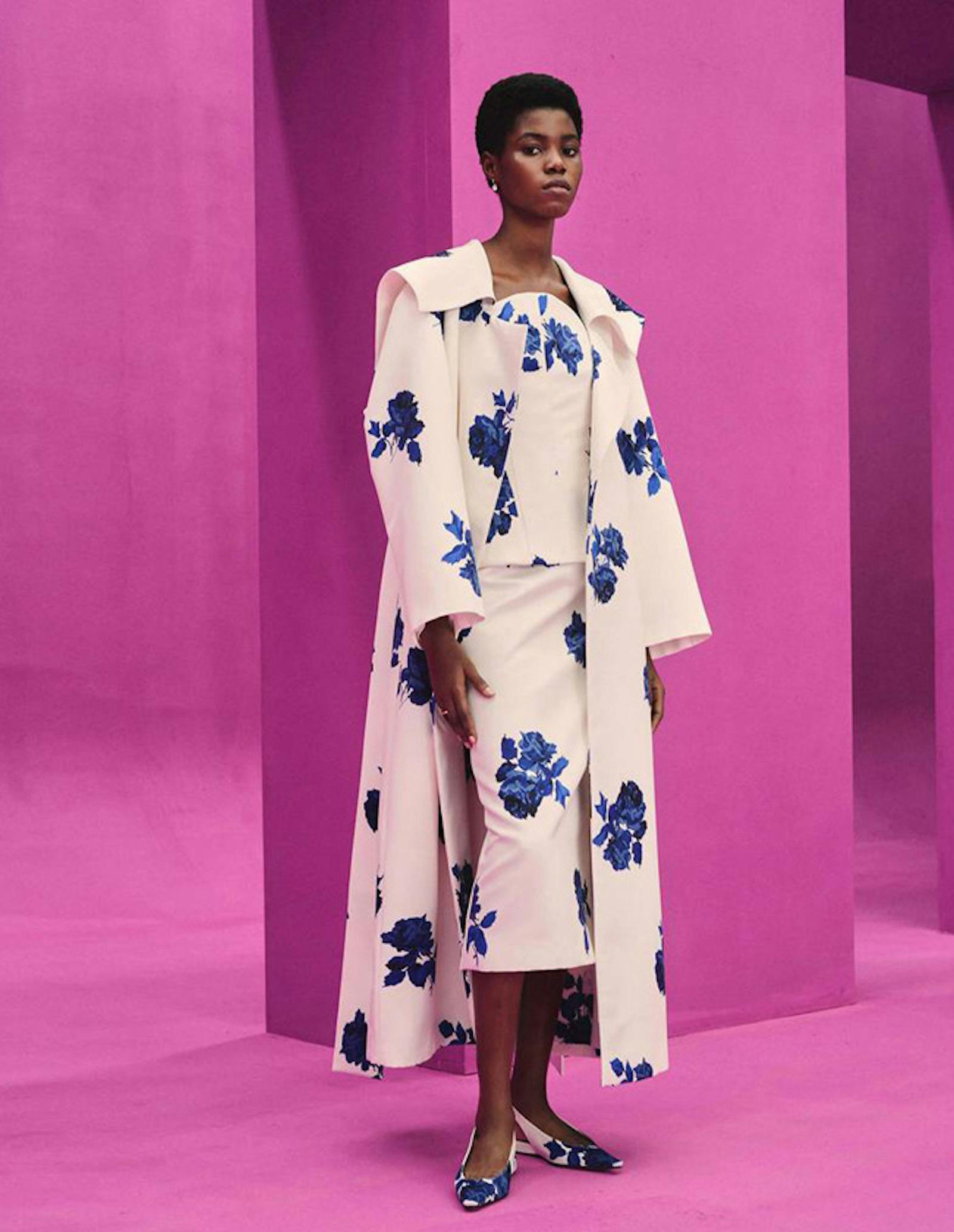 London Fashion week look of woman wearing floral suit