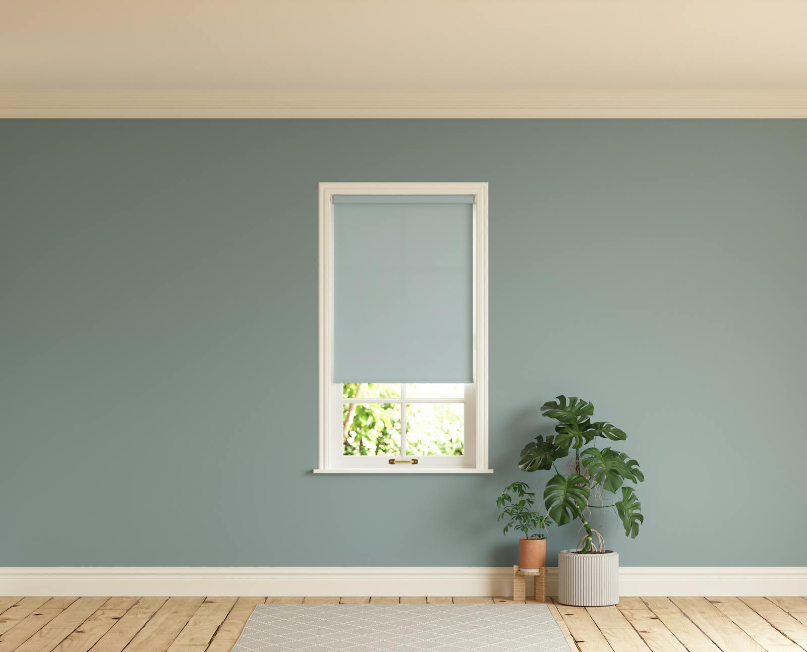 Room with walls painted in Lick Teal 01 and Blue 01 roller blinds