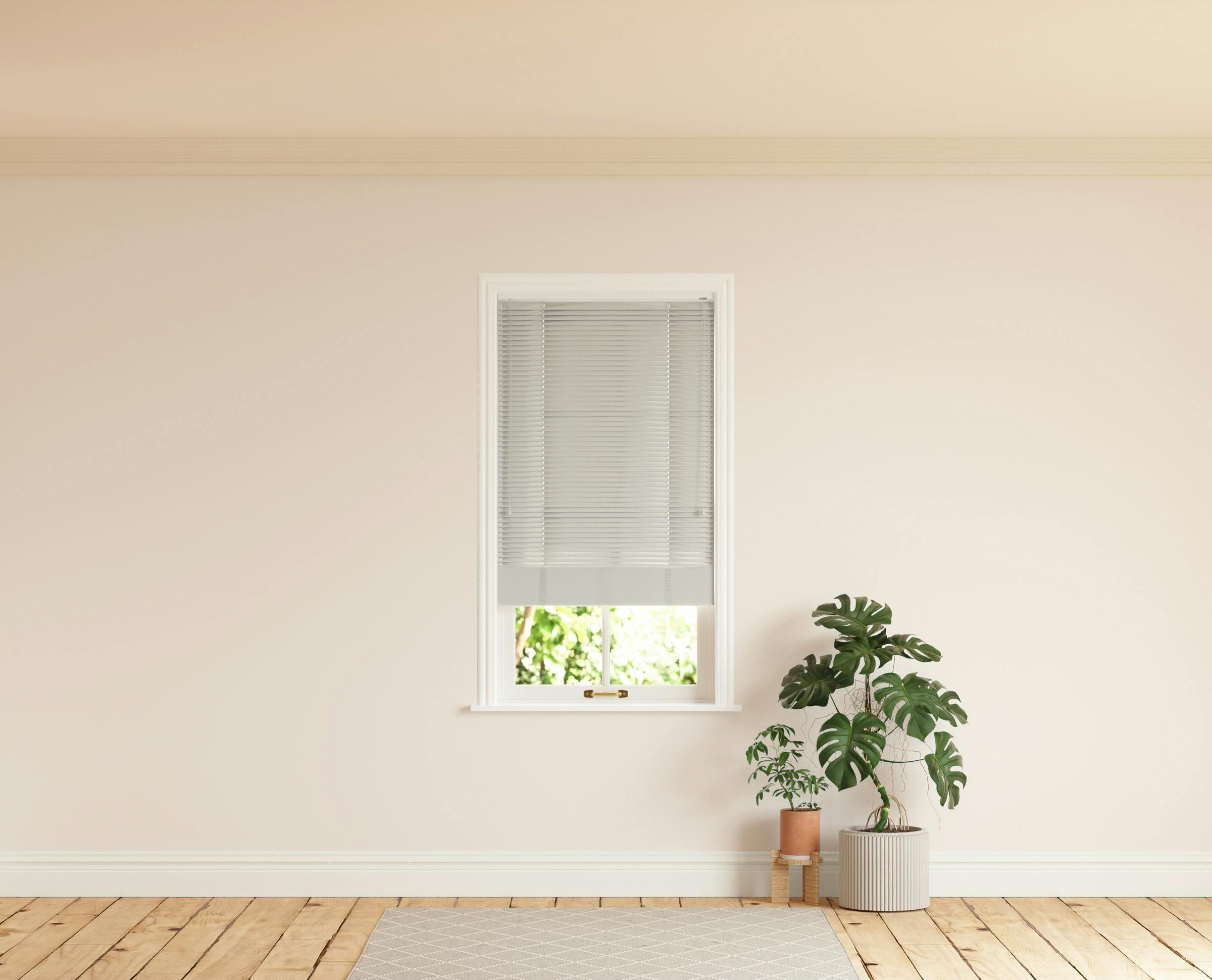 Room with walls painted in Lick Pink 01 and Grey 03 Venetian blinds