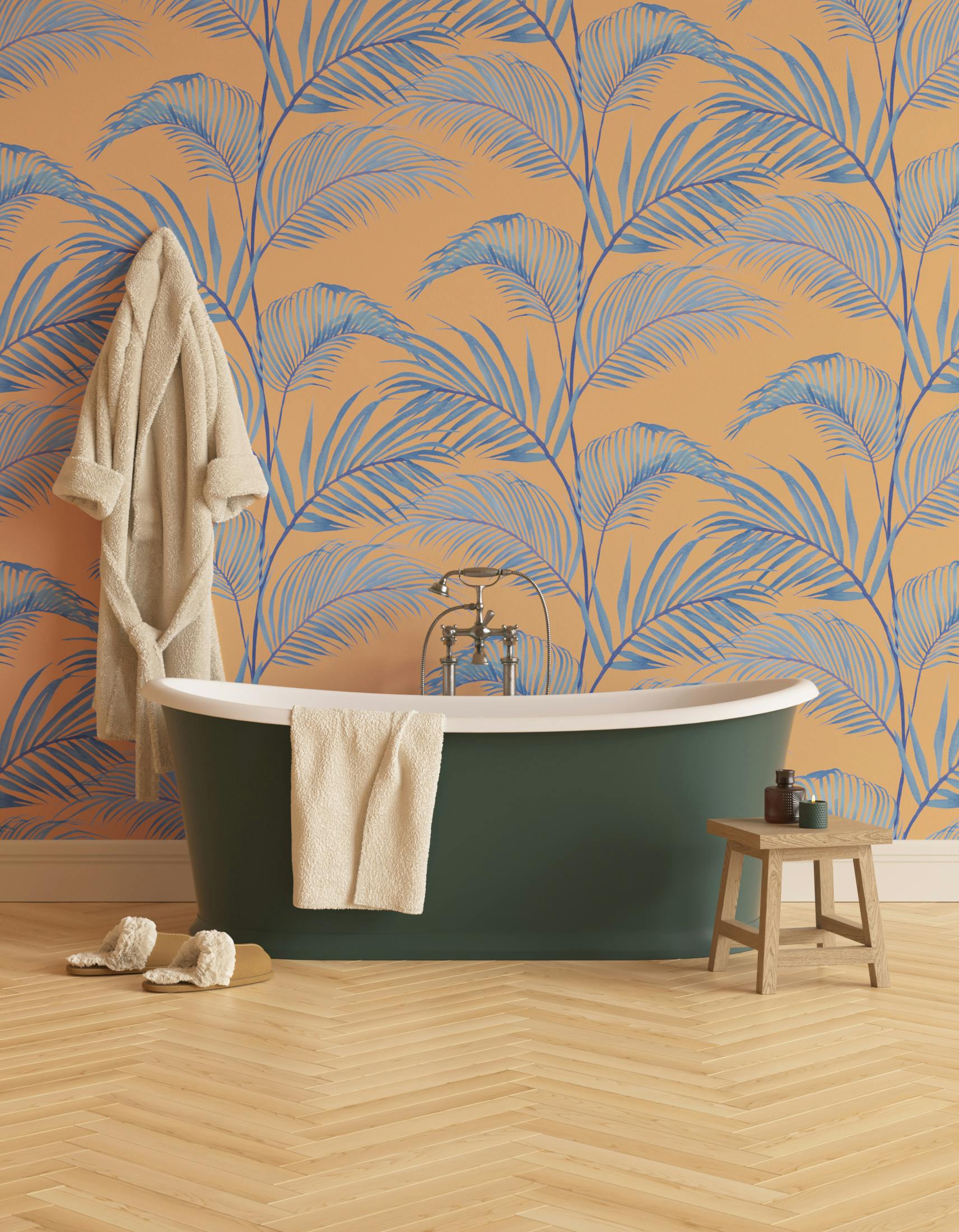 Bathroom decorated with Lick x Belinda Bayley Jungle 01 orange palm leaf wallpaper