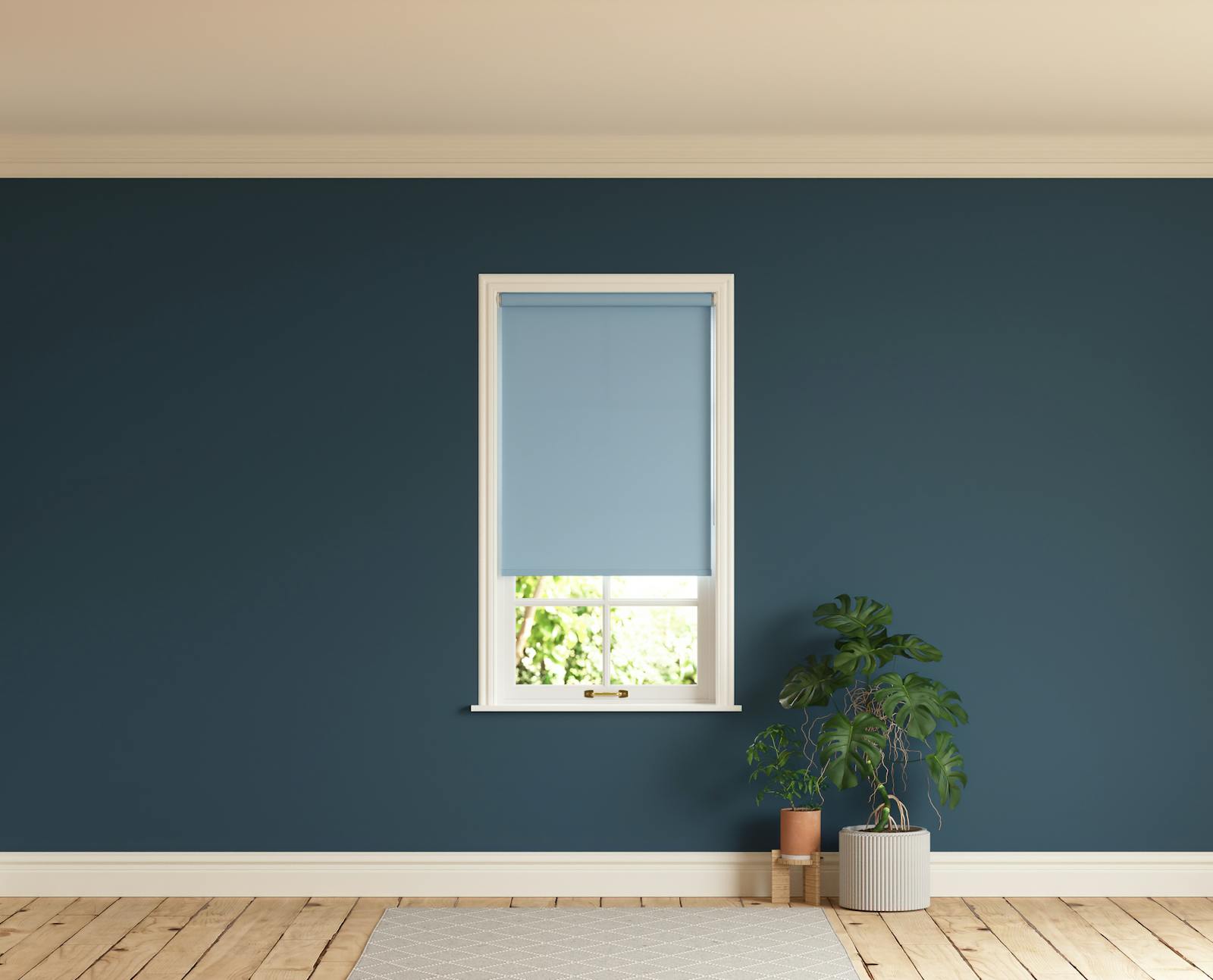 Room with walls painted in Lick Blue 07 and Blue 04 roller blinds