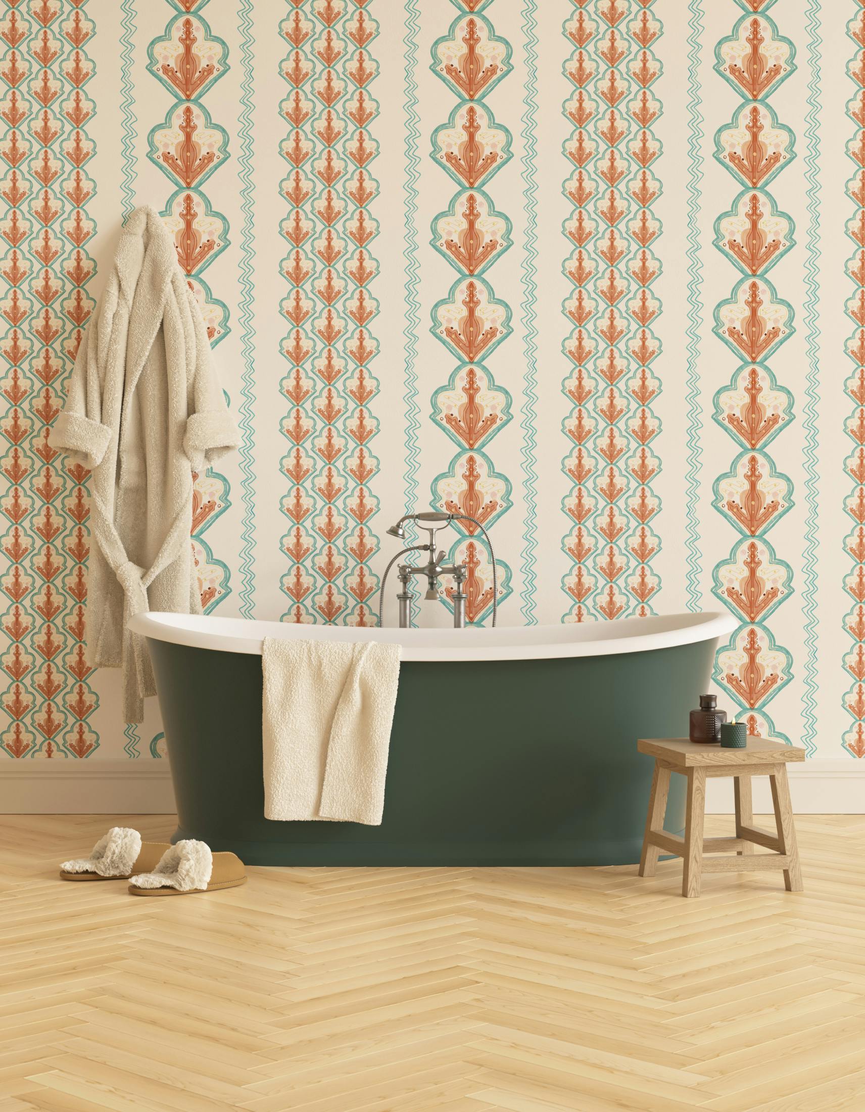 Bathroom decorated with Lick x Lottie McDowell Travelling Tiles 02 orange patterned mosaic wallpaper