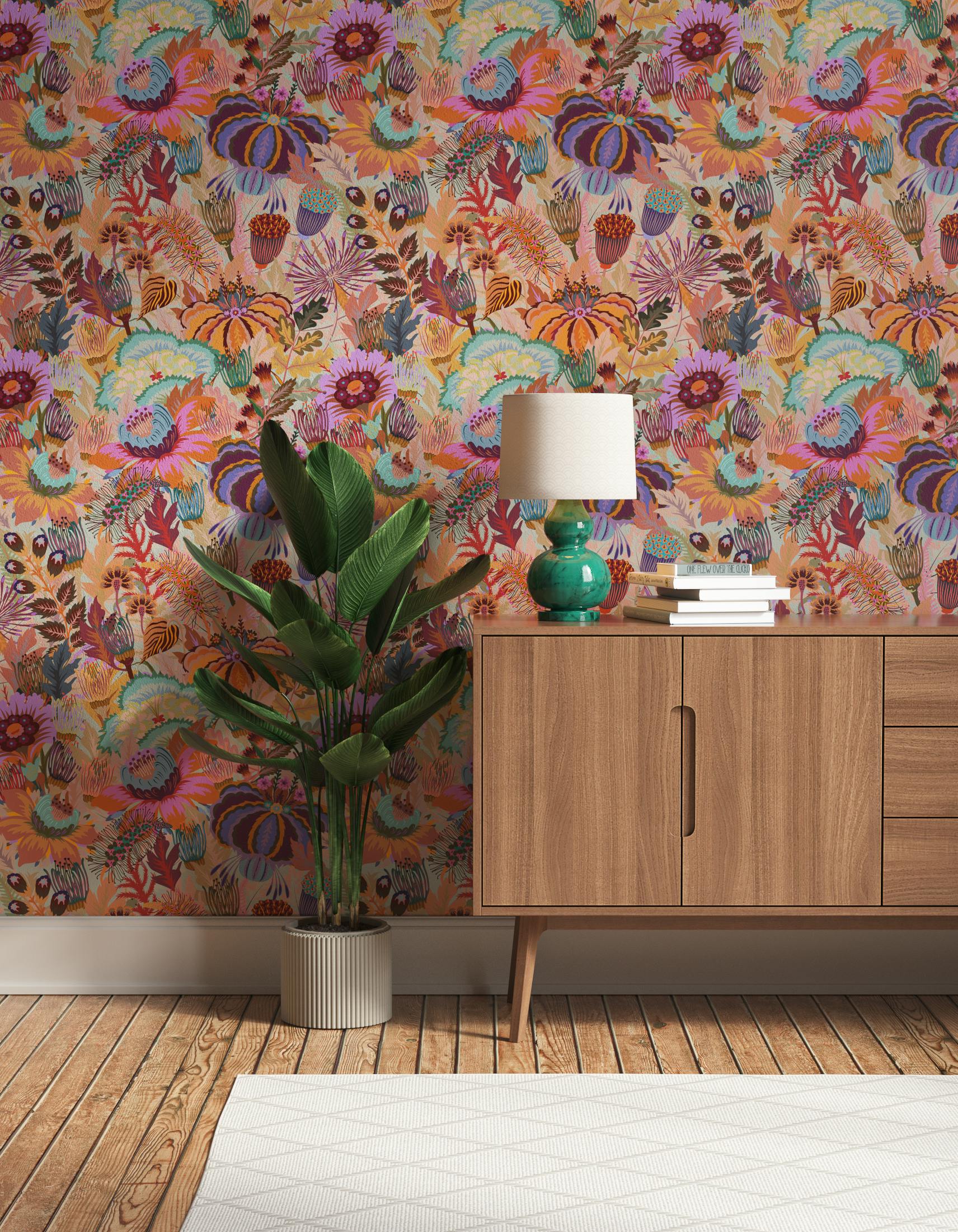 Hallway decorated with Lick Mars Meadow 02, an orange floral wallpaper