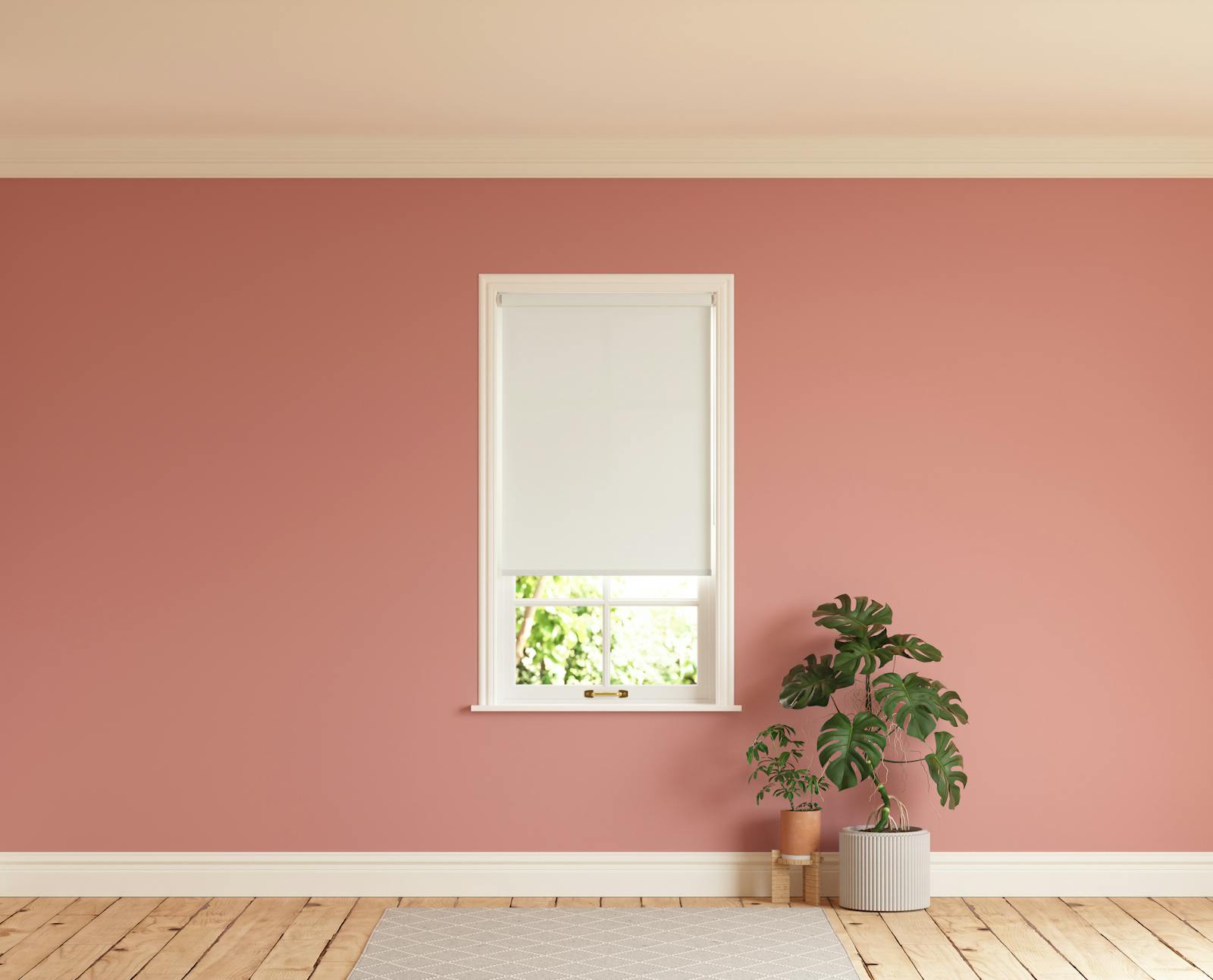 Room with walls painted in Lick Red 03 and White 01 roller blinds