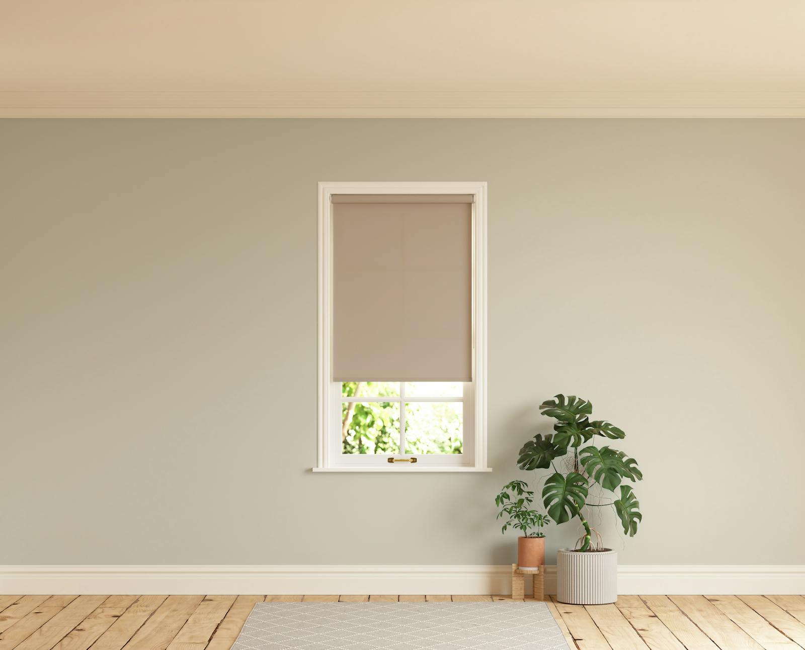 Room with walls painted in Lick Greige 01 and Beige 02 roller blinds