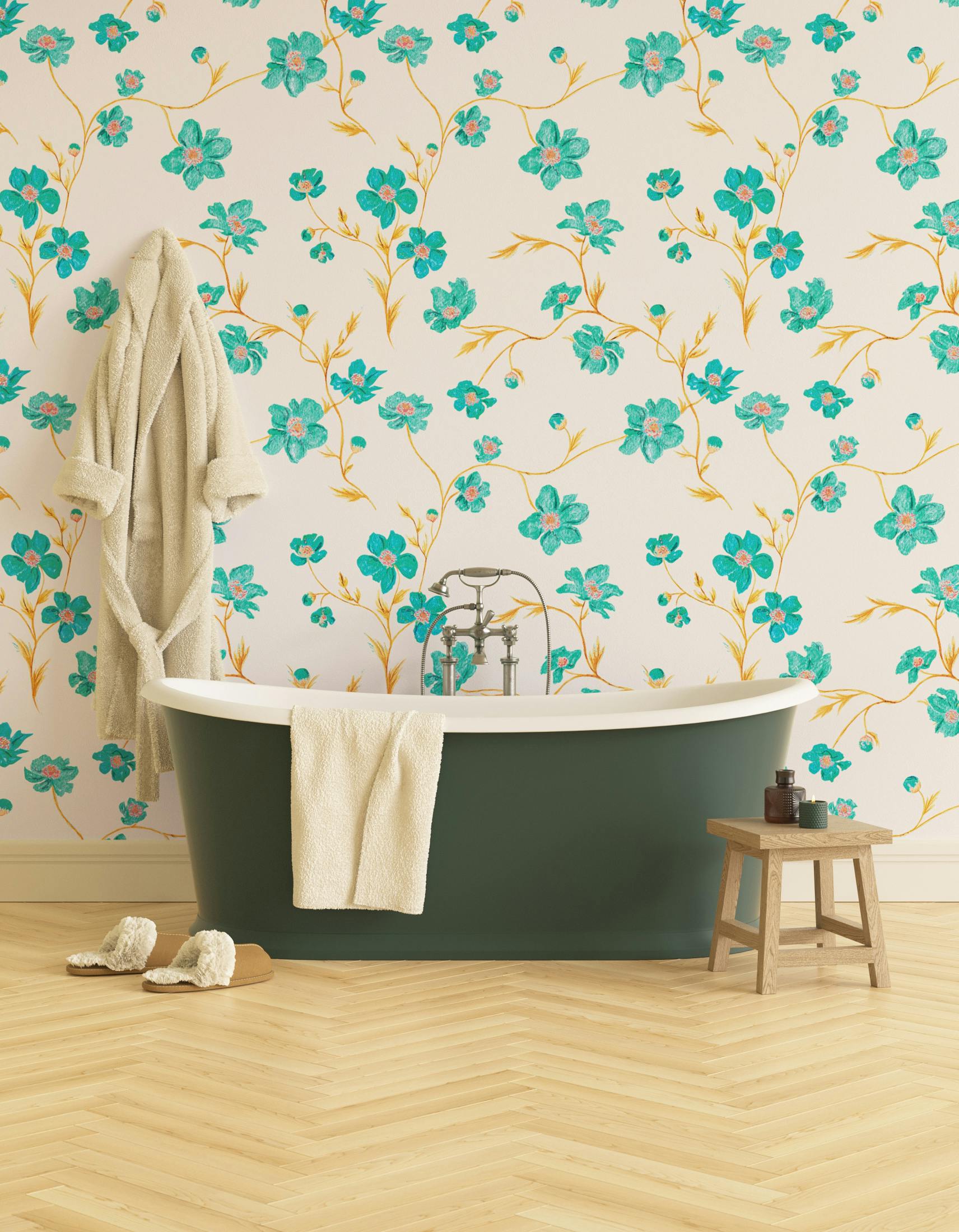 Bathroom decorated with Lick x Jenna Hewitt Anemone 01 turquoise floral wallpaper