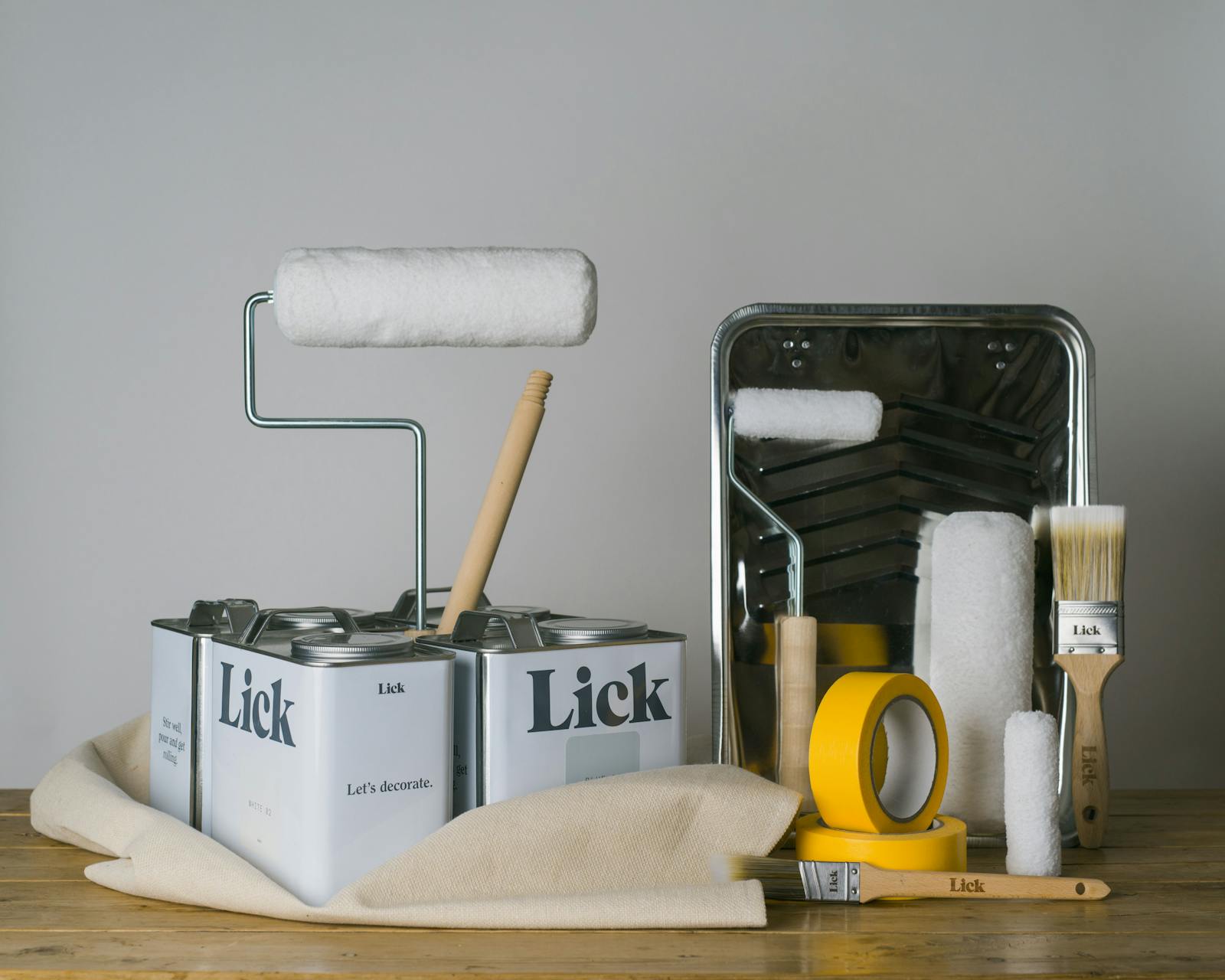 Lick multi room decorating kit including paint rollers, paint brushes, painters / masking tape, painting tray and extension pole
