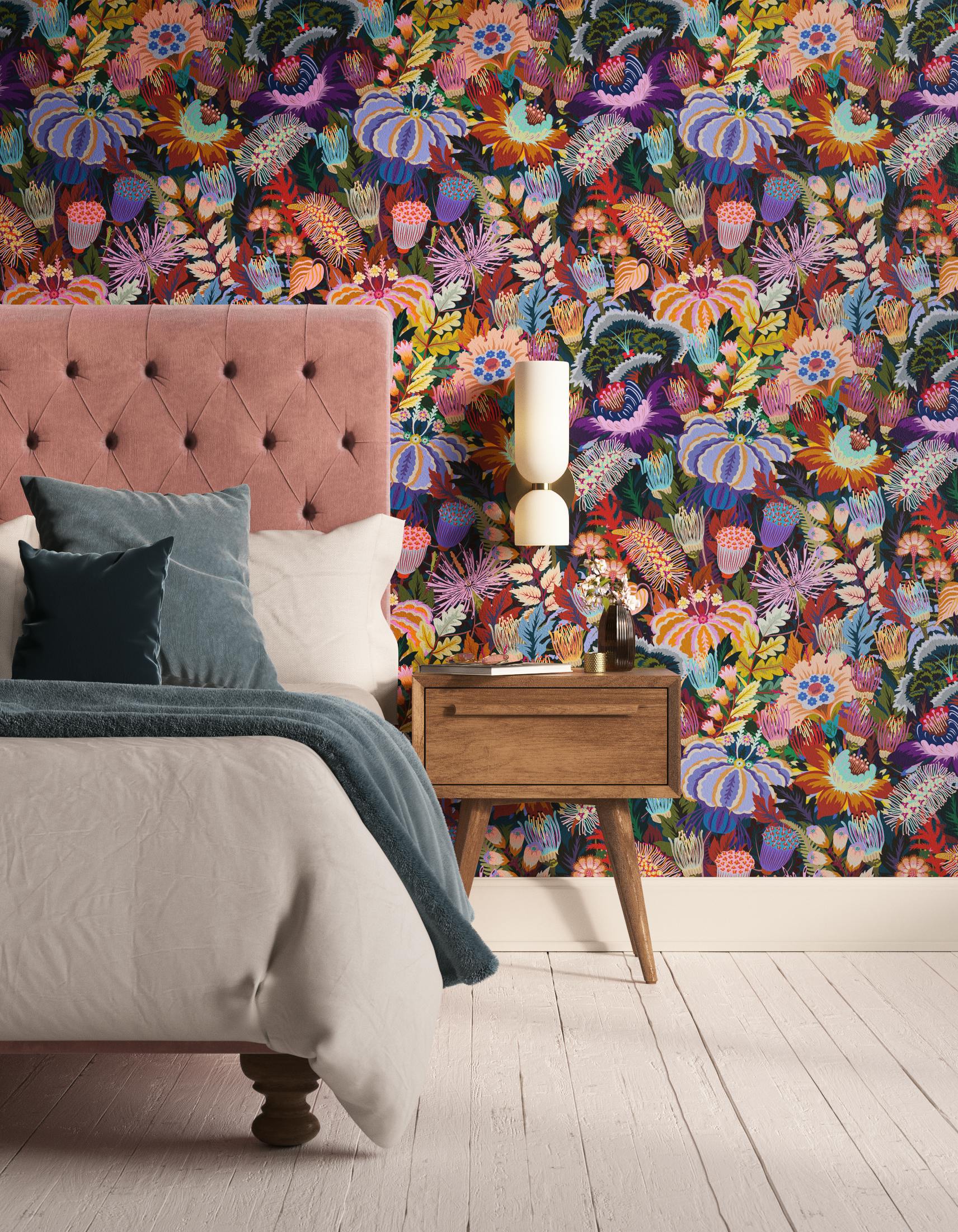 Bedroom decorated with Lick Mars Meadow 01, a dark green floral wallpaper