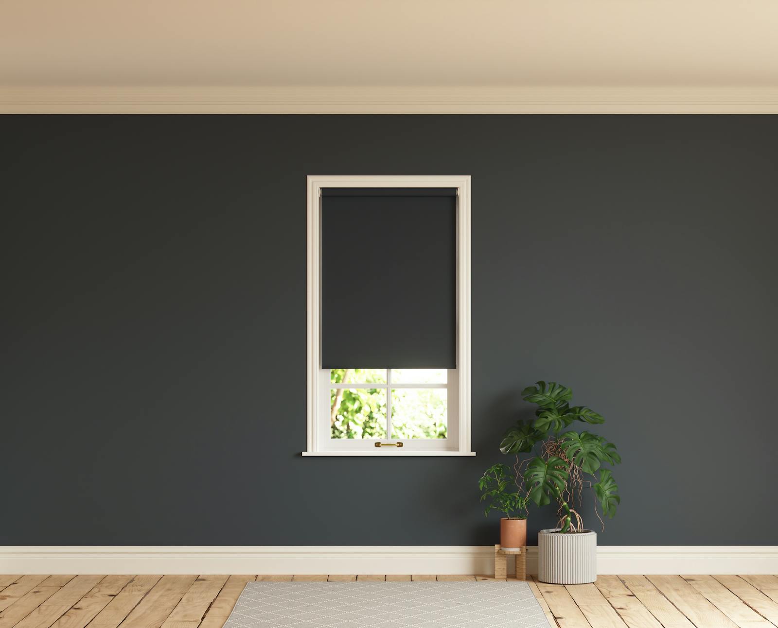 Room with walls painted in Lick Black 02 and Black 02 roller blinds