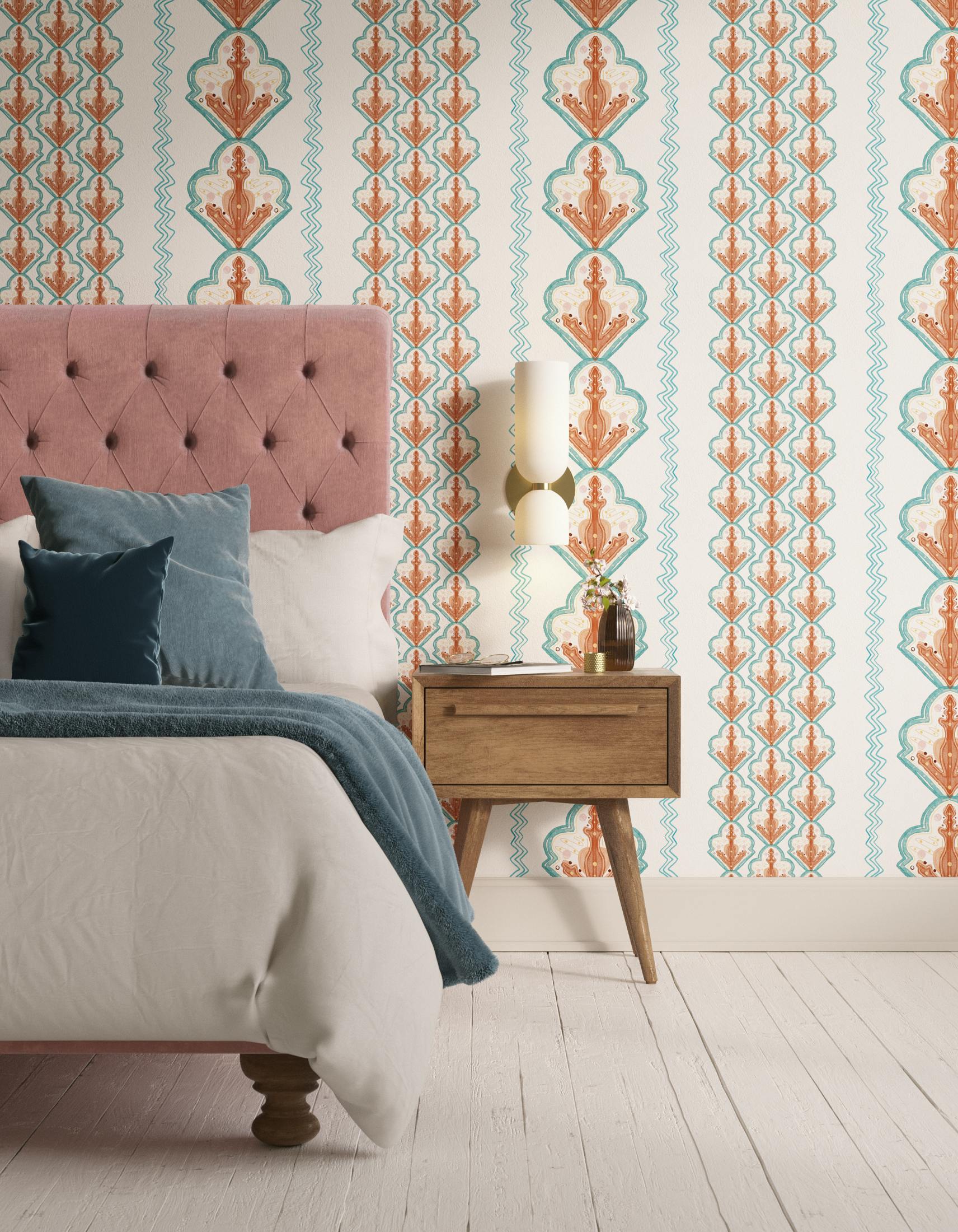 Bedroom decorated with Lick x Lottie McDowell Travelling Tiles 02 orange patterned mosaic wallpaper