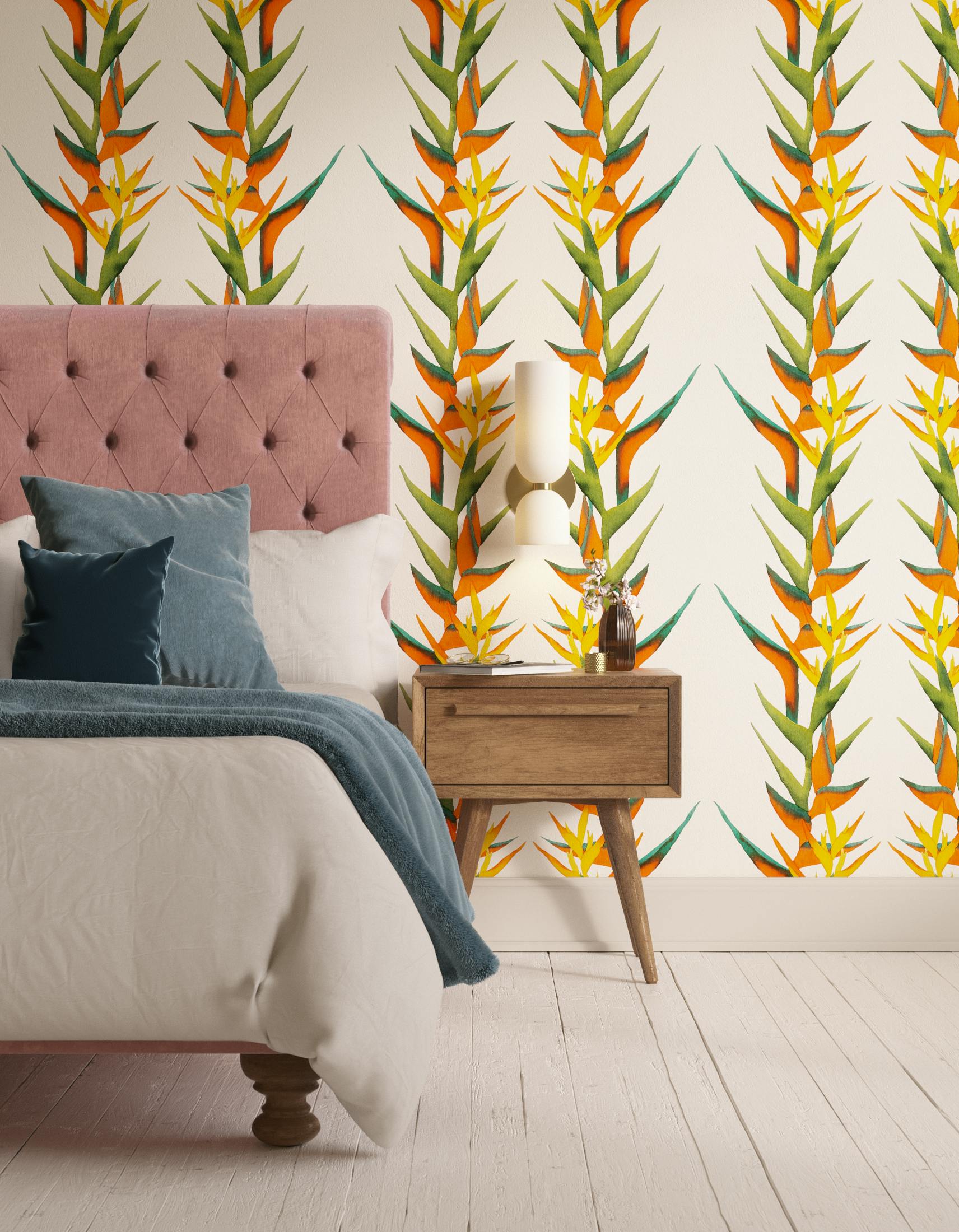 Bedroom decorated with Lick x Belinda Bayley Paradise Vine 01 orange exotic botanical wallpaper