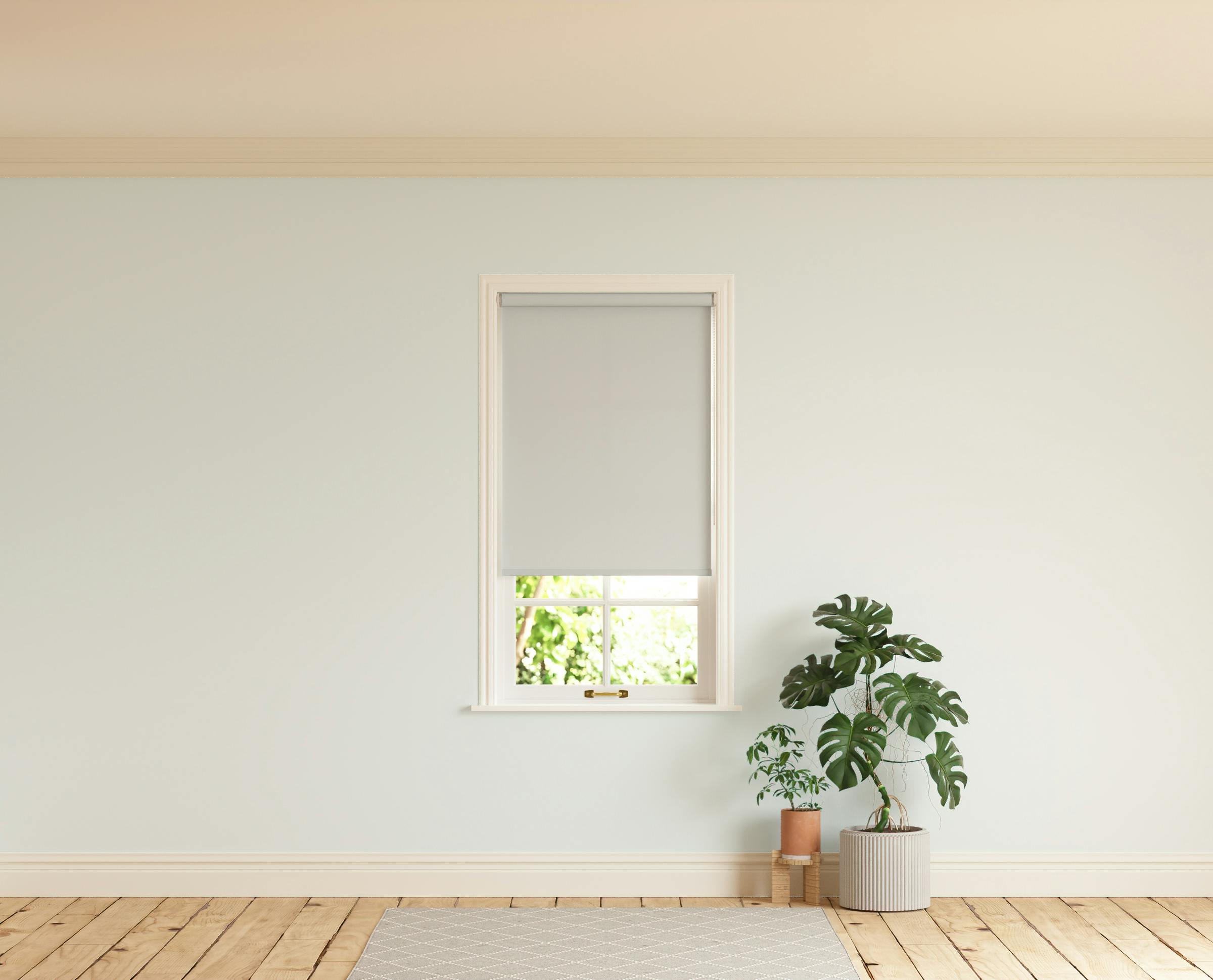 Room with walls painted in Lick Grey 01 and Grey 03 roller blinds