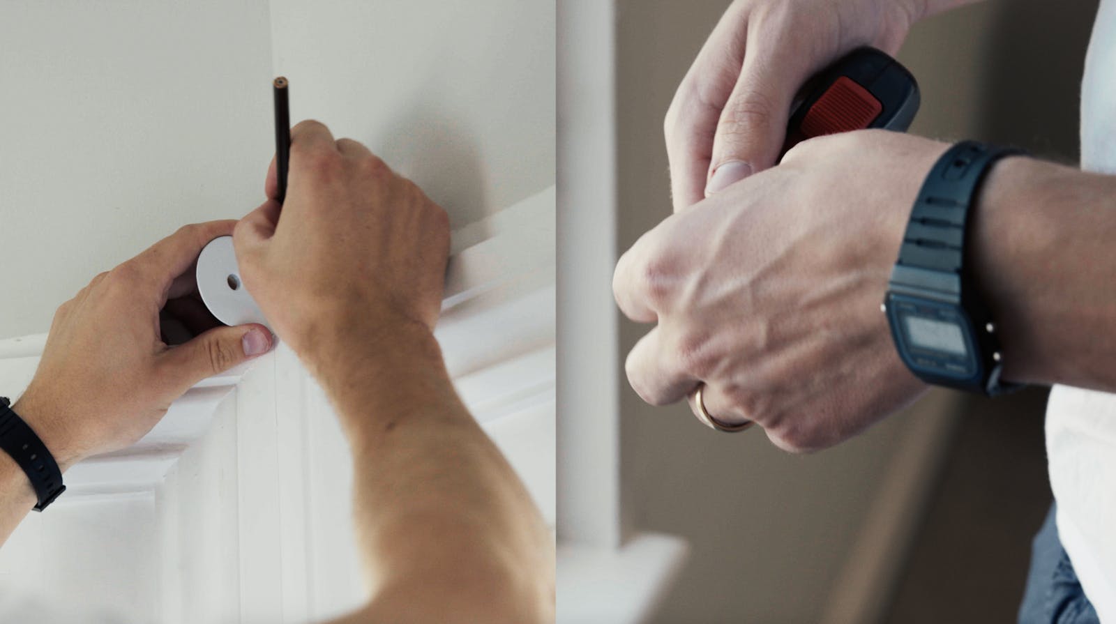 Man holding blind bracket and pencil
