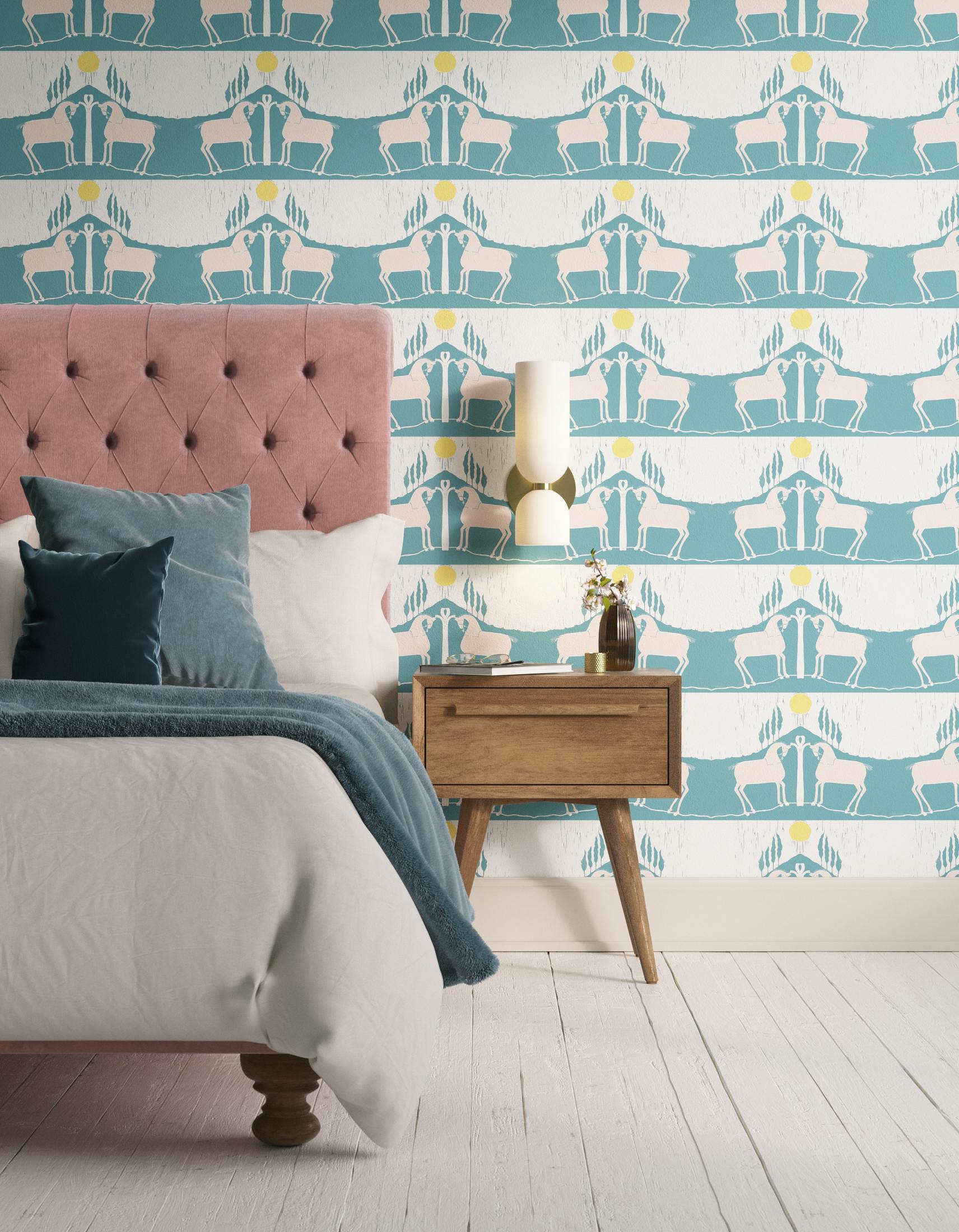 Bedroom decorated with Lick x Annika Reed Western 01 teal and yellow animal wallpaper