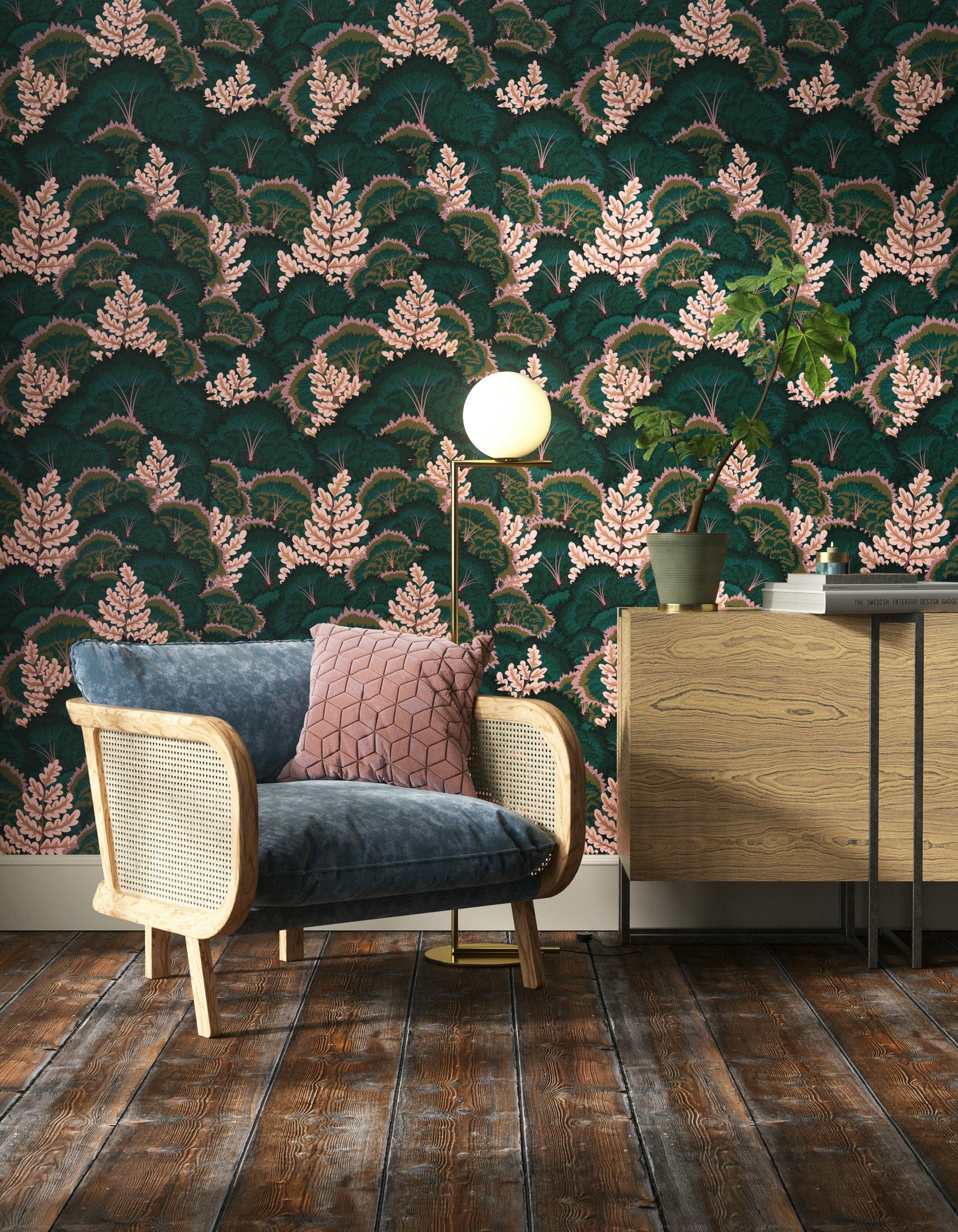 Living room decorated with Lick Electric Poppies 02, a green floral wallpaper