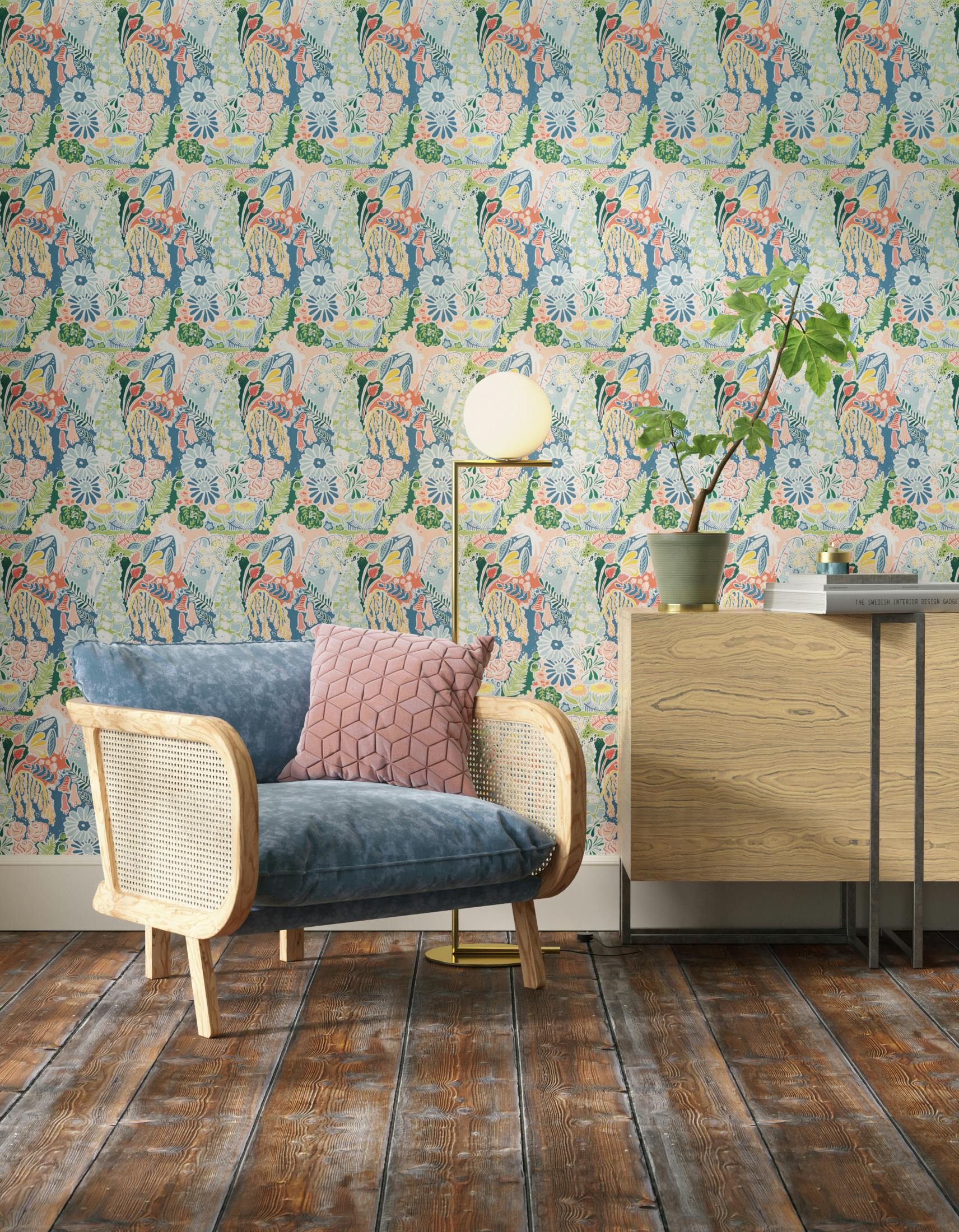 Living room decorated with Lick x Franki Barber Enchanted Forest 01 kid's magical rabbit wallpaper