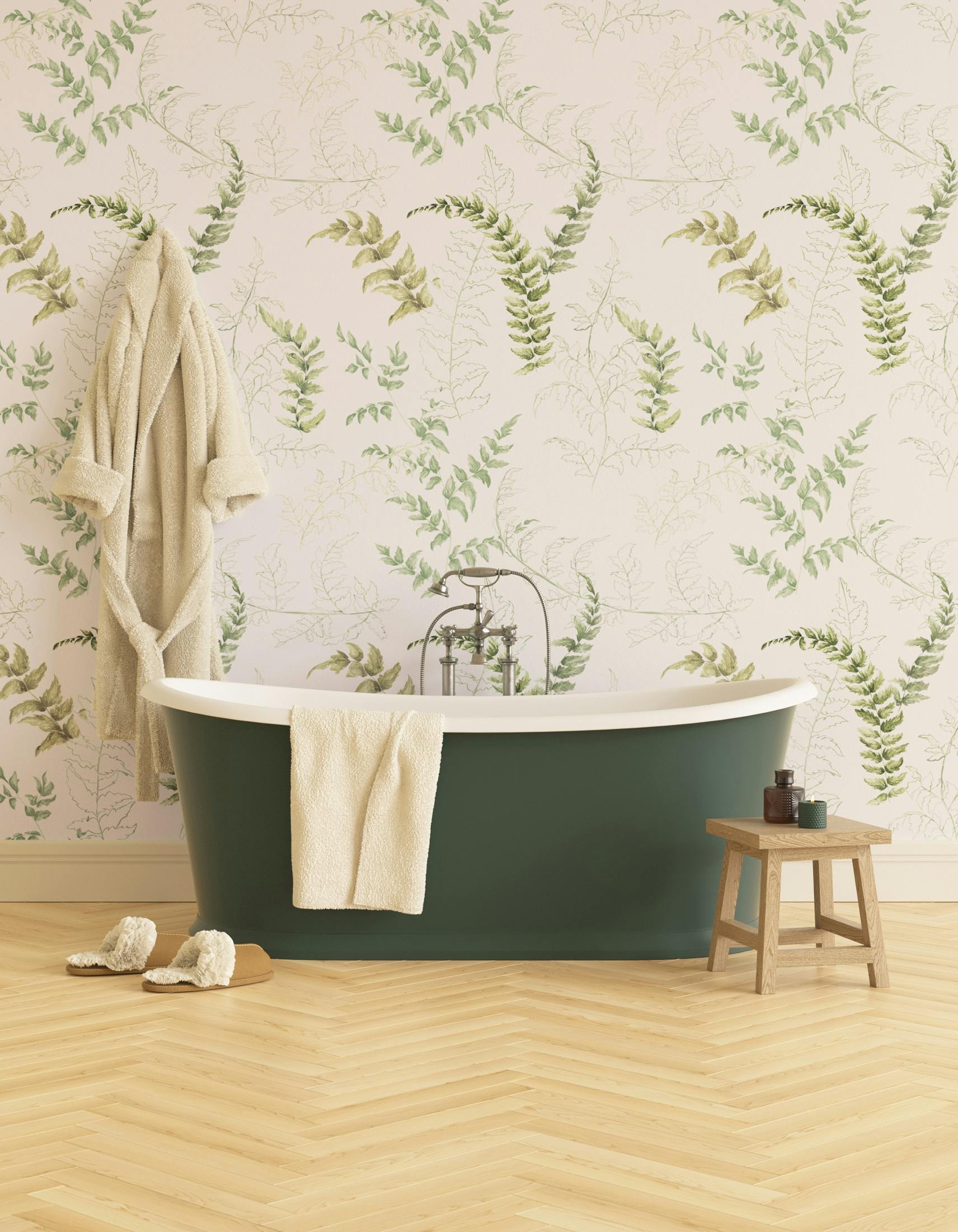 Bathroom decorated with Lick x Jenna Hewitt Fern 01 green botanical wallpaper