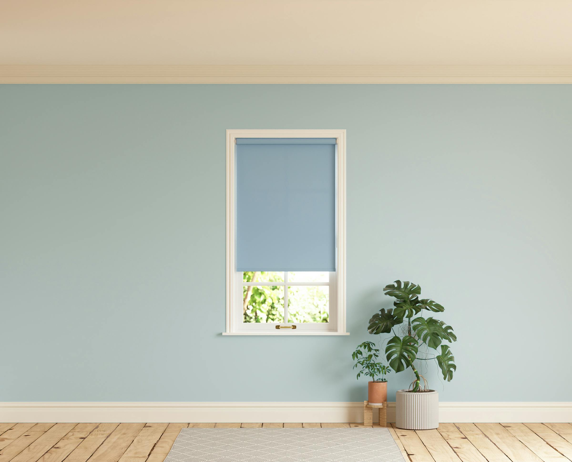 Room with walls painted in Lick Blue 01 and Blue 04 roller blinds