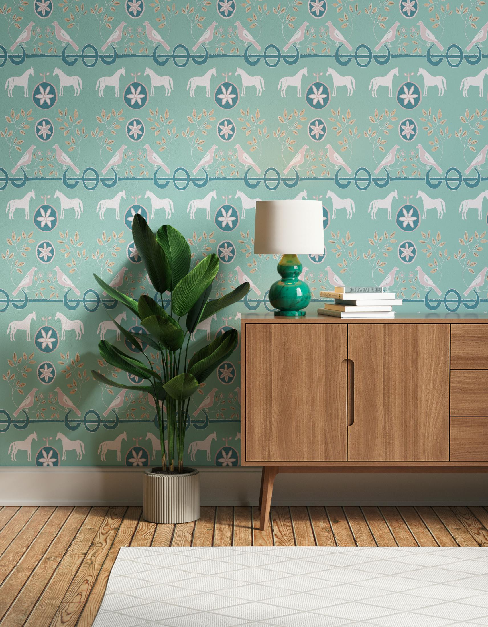 Hallway decorated with Lick x Annika Reed Dove 02 kid's green dove wallpaper