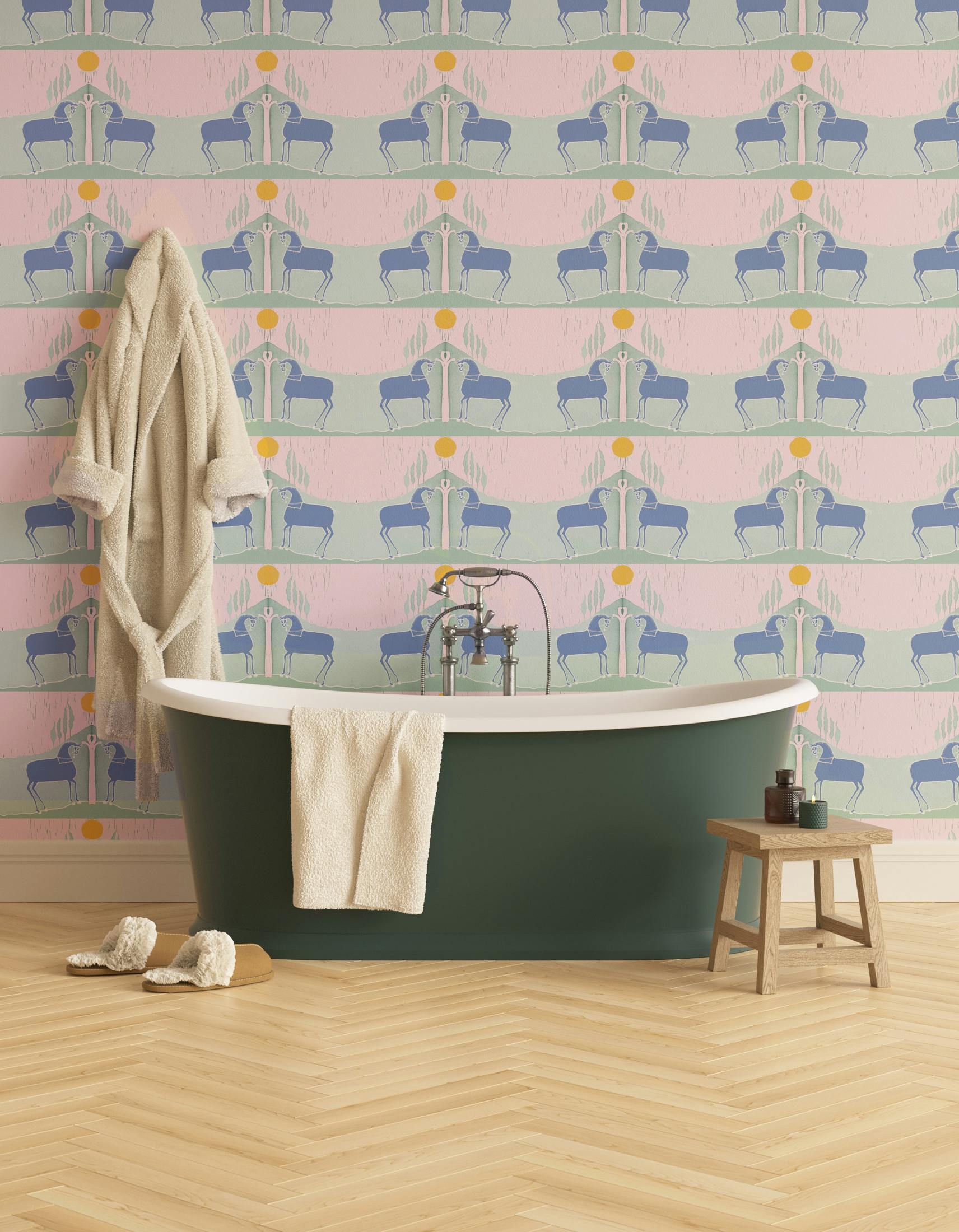 Bathroom decorated with Lick x Annika Reed Western 03 pink and mint green animal wallpaper