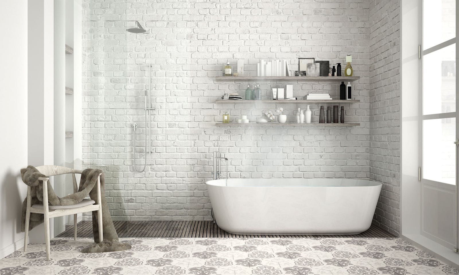 Modern bathroom with a bathtub and white bricks