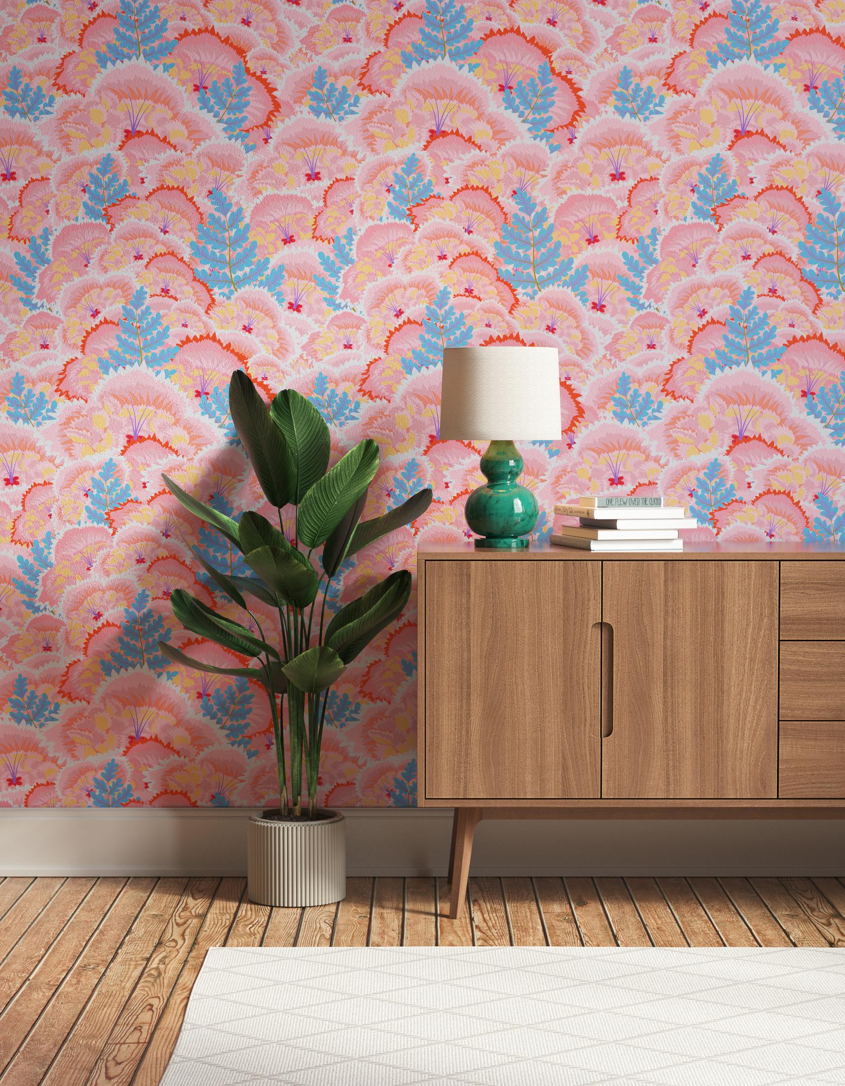 Hallway decorated with Lick Electric Poppies 01, a pink floral wallpaper