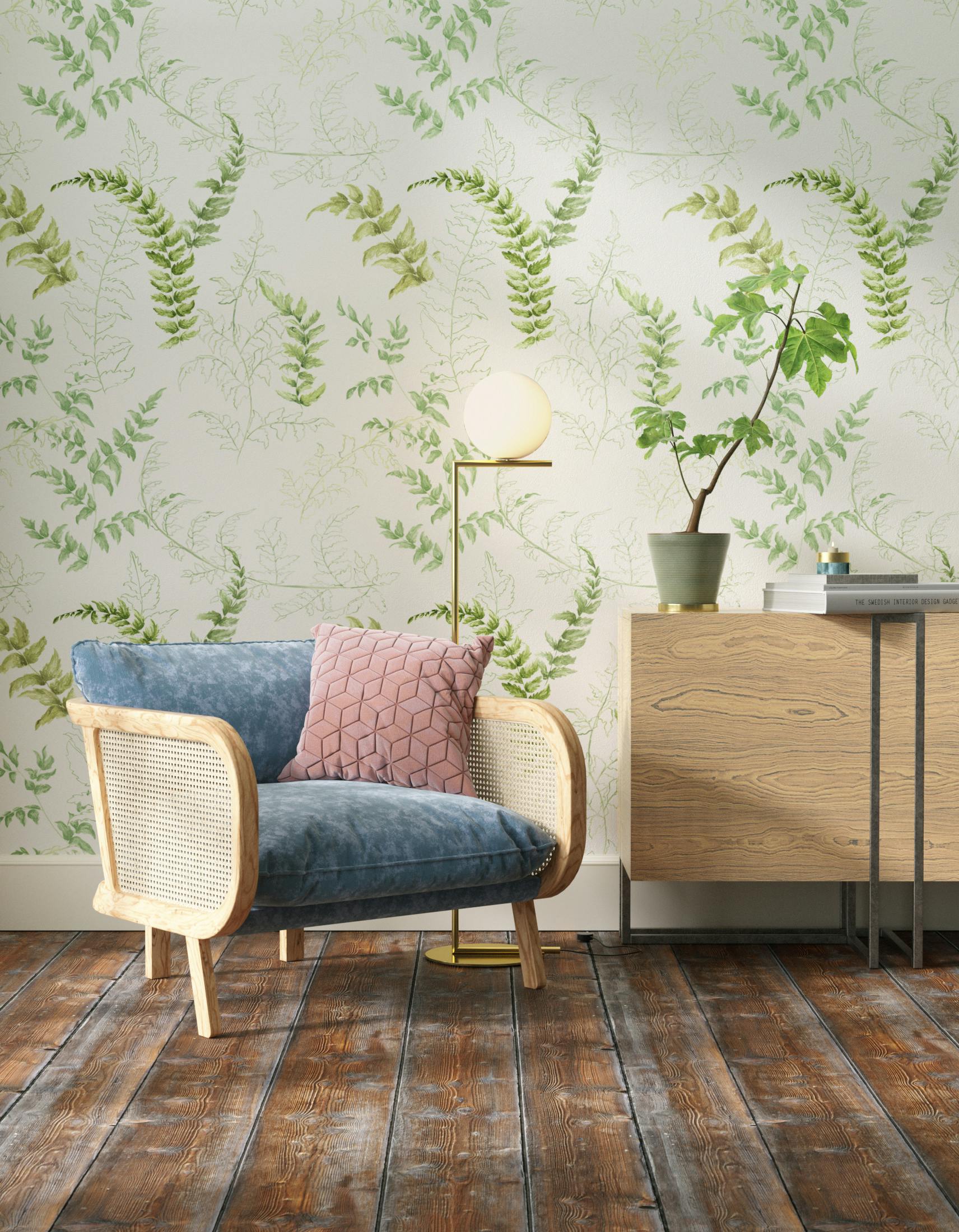 Living room decorated with Lick x Jenna Hewitt Fern 01 green botanical wallpaper