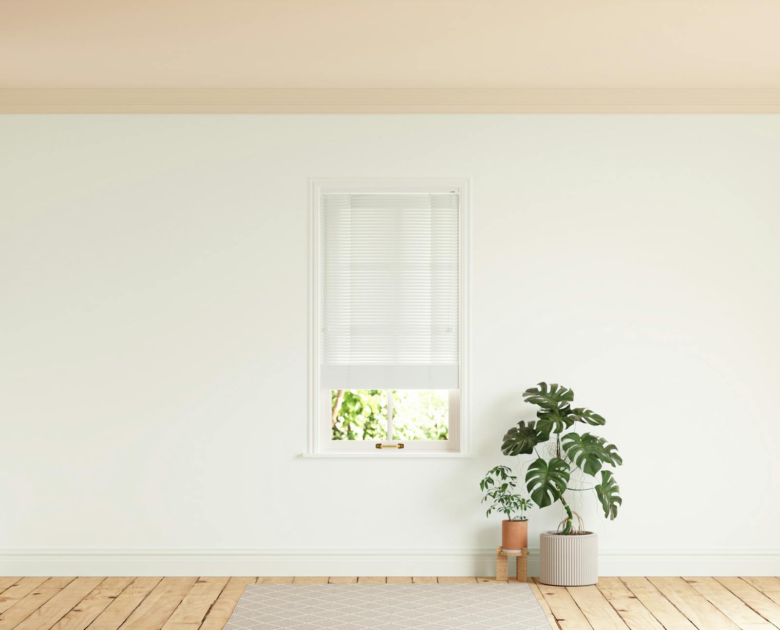 Room with walls painted in Lick White 01 and White 01 Venetian blinds