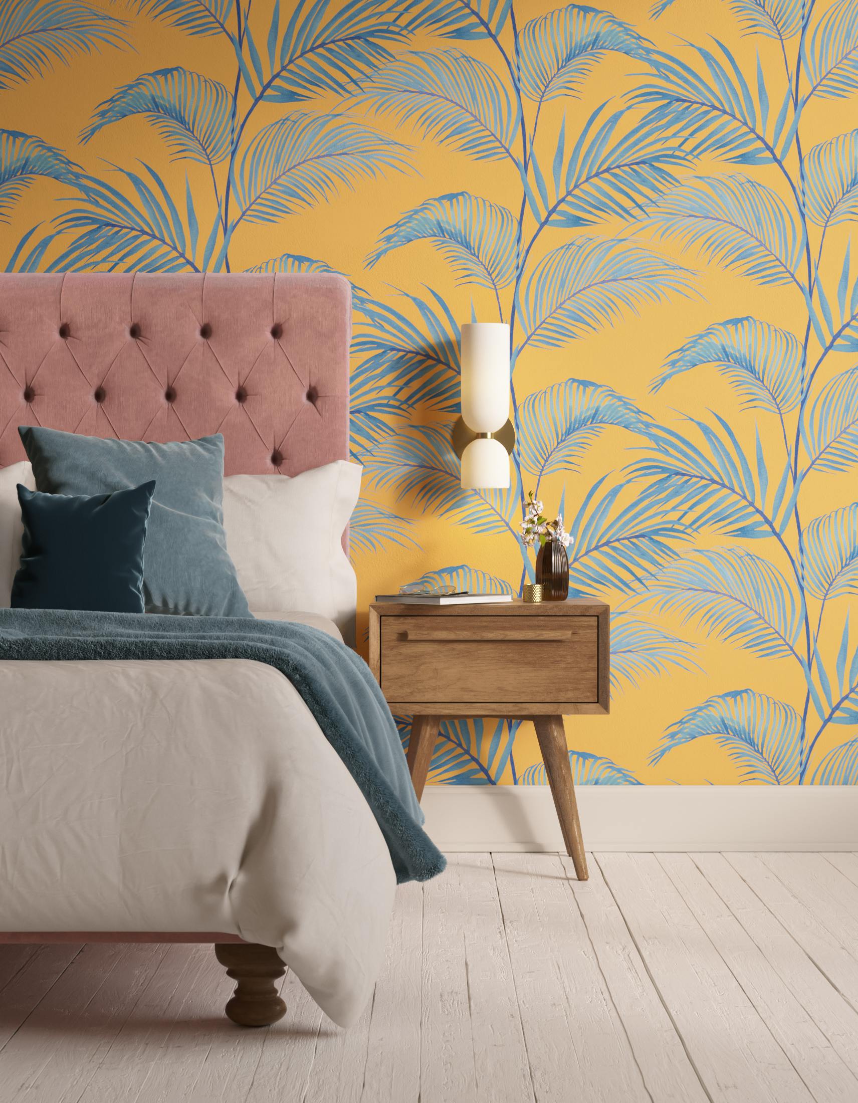 Bedroom decorated with Lick x Belinda Bayley Jungle 01 orange palm leaf wallpaper