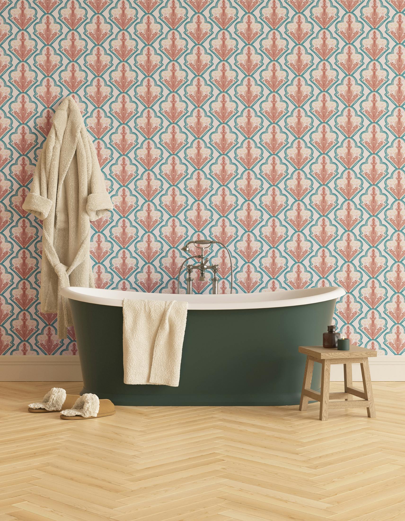 Bathroom decorated with Lick x Lottie McDowell Travelling Tiles 01 mosaic wallpaper